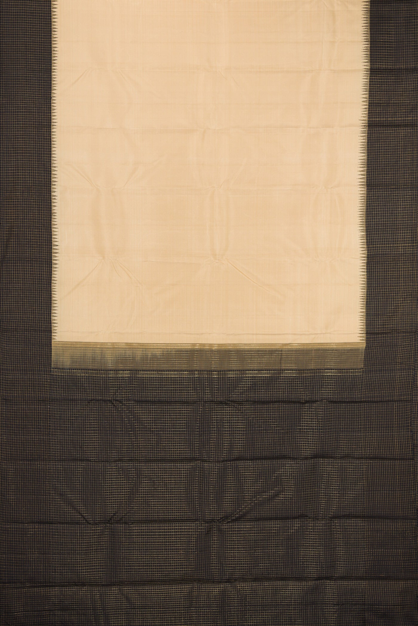 Flat view of Pure Silk Pure Zari Beige Kanchipuram Saree with Plain Body and Checks Border. 