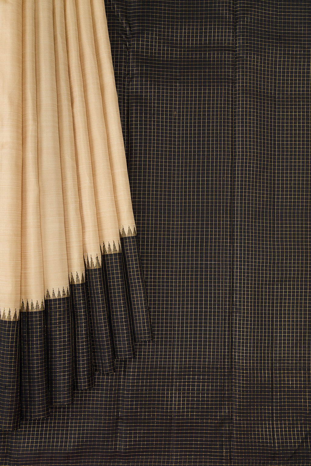 Pleats and pallu of Pure Silk Pure Zari Beige Kanchipuram Saree with Plain Body and Checks Border. 