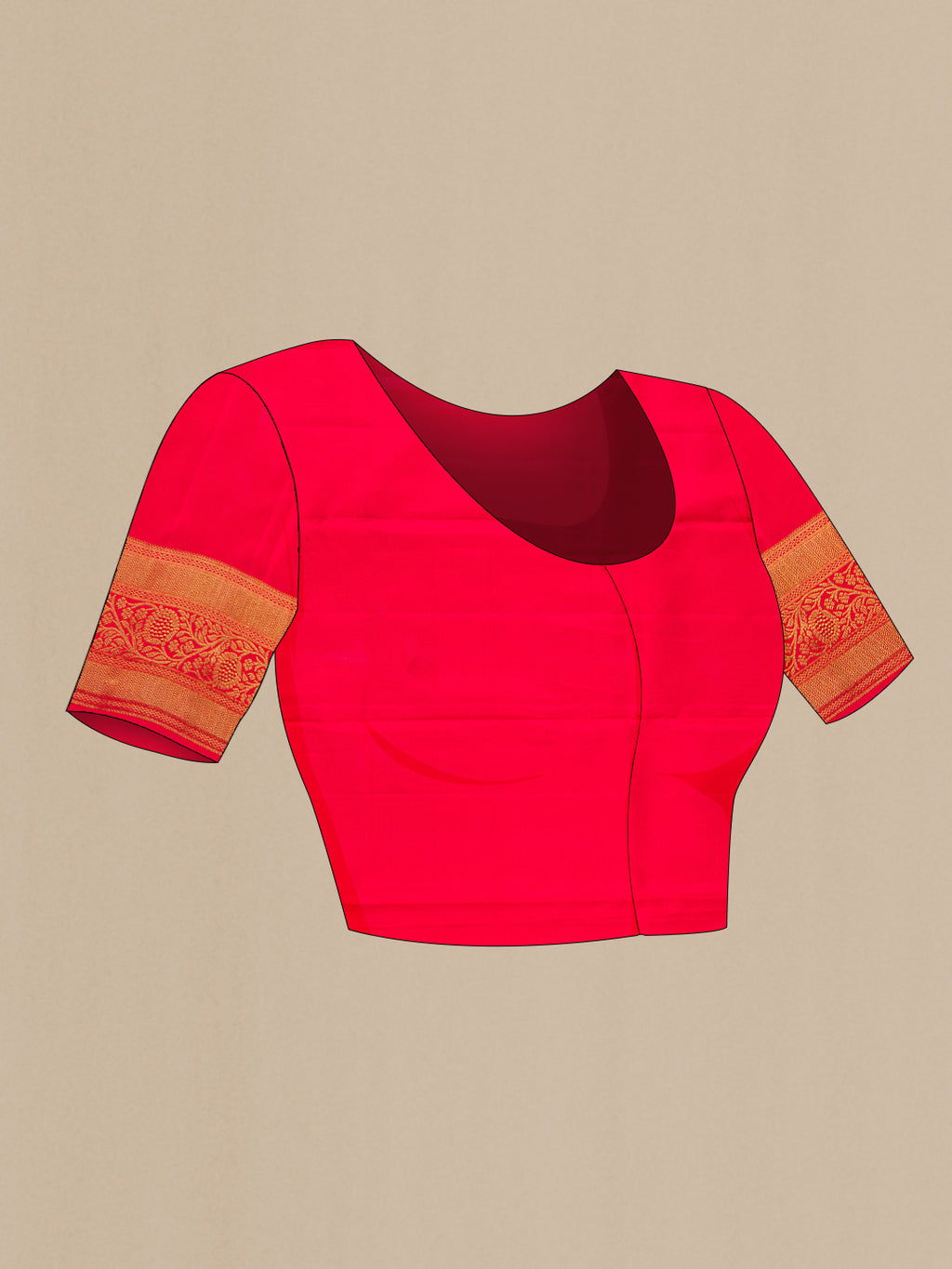 Close up image of the blouse of Pure Silk Pure Zari Red Kanjivaram Saree with Zari Butta on the body and Fancy Border. 