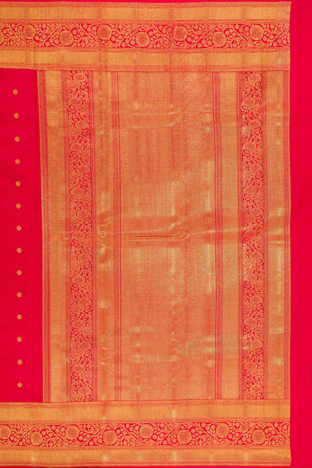 Close up image of the pallu of Pure Silk Pure Zari Red Kanjivaram Saree with Zari Butta on the body and Fancy Border. 