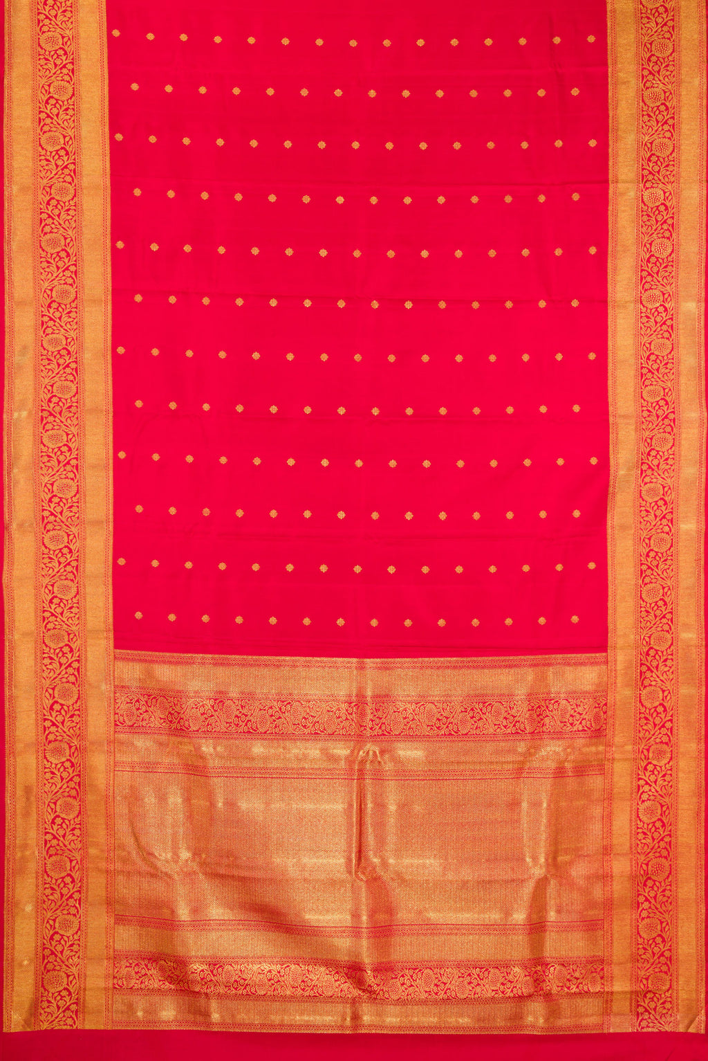 Flat view of Pure Silk Pure Zari Red Kanjivaram Saree with Zari Butta on the body and Fancy Border. 