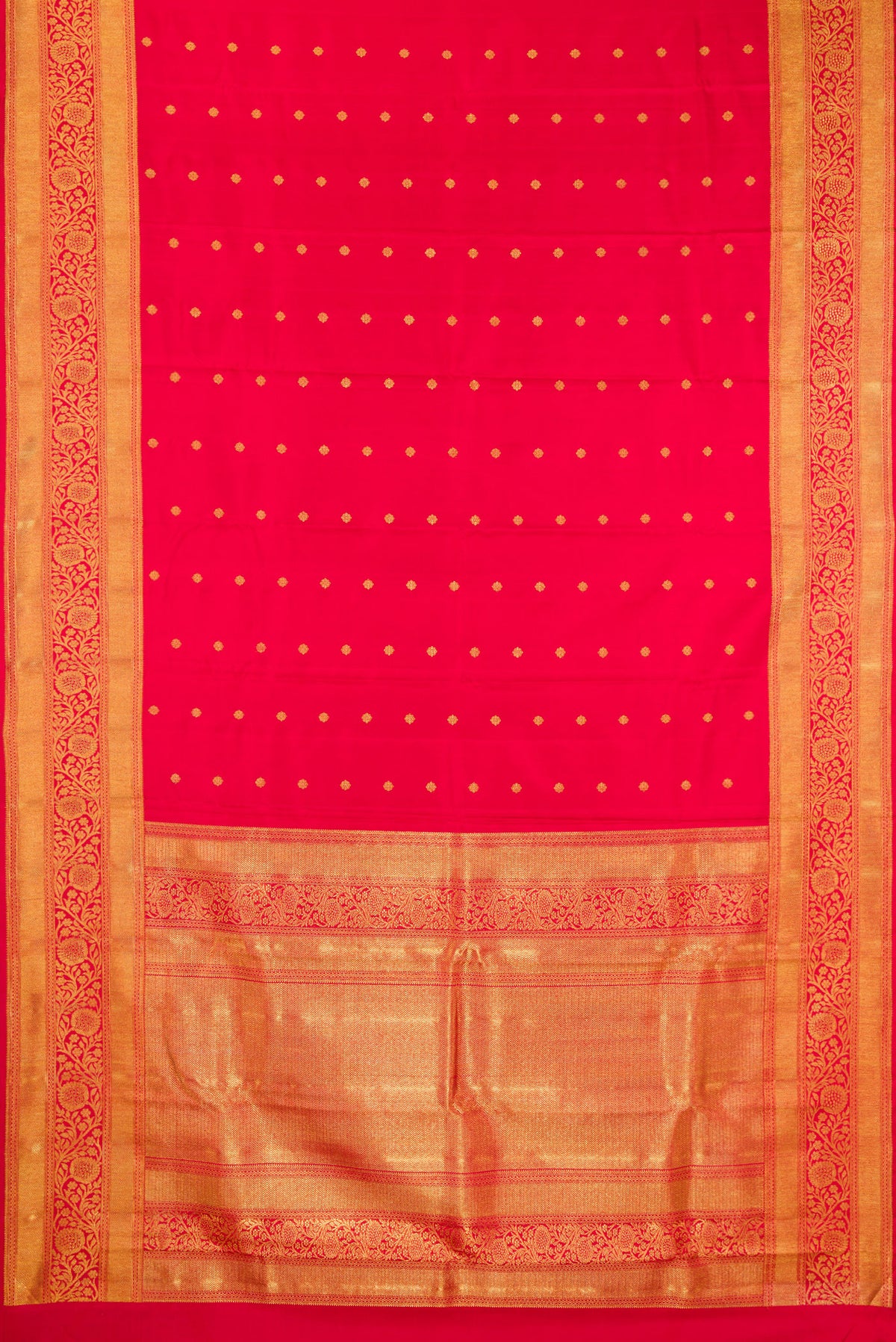 Flat view of Pure Silk Pure Zari Red Kanjivaram Saree with Zari Butta on the body and Fancy Border. 