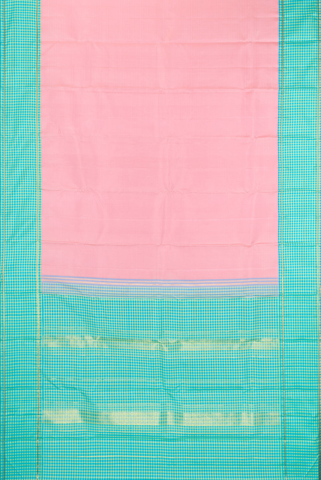 Flat view of Rose pink Kanjivaram Silk Saree with Plain Body and Checks Border. 