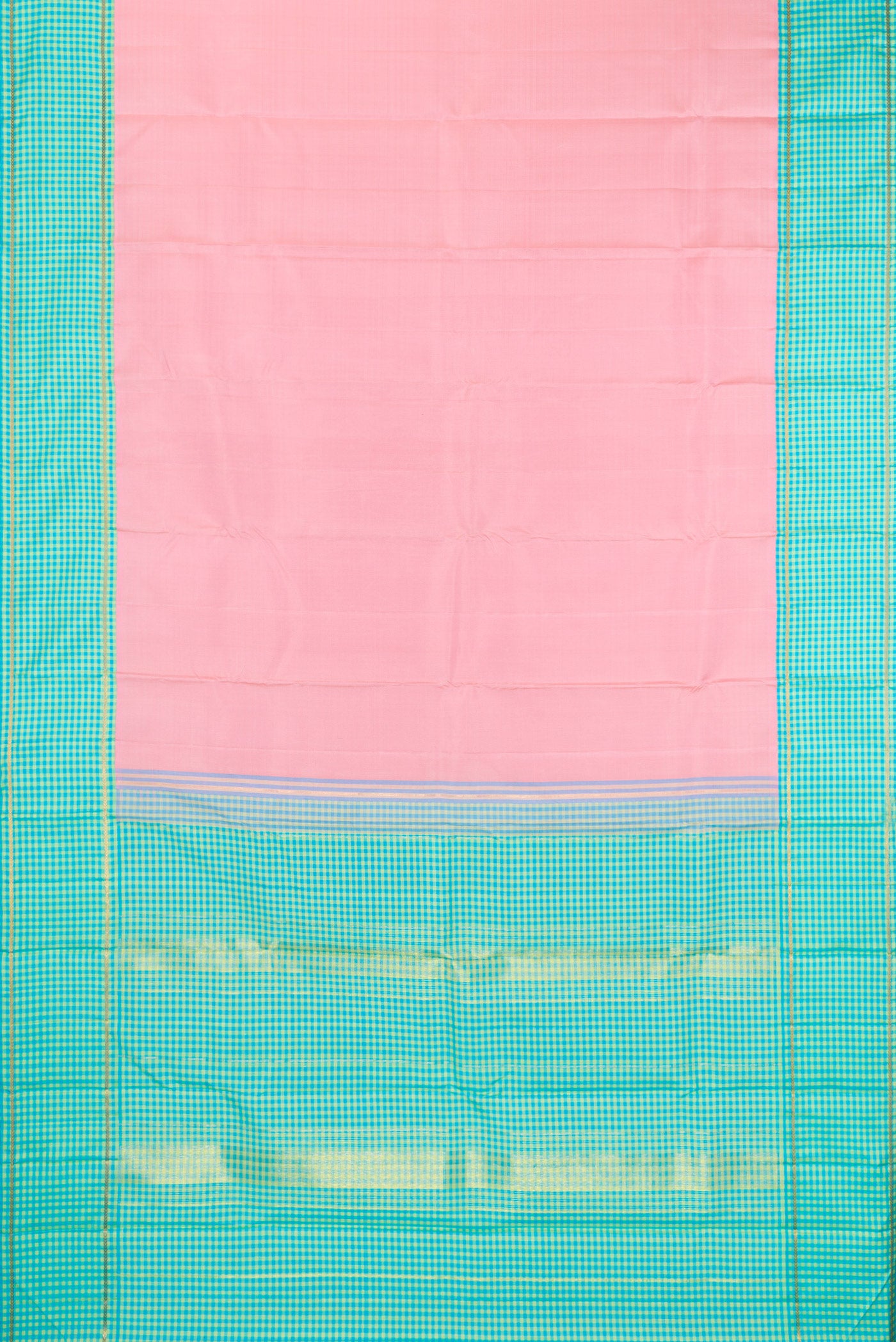 Flat view of Rose pink Kanjivaram Silk Saree with Plain Body and Checks Border. 