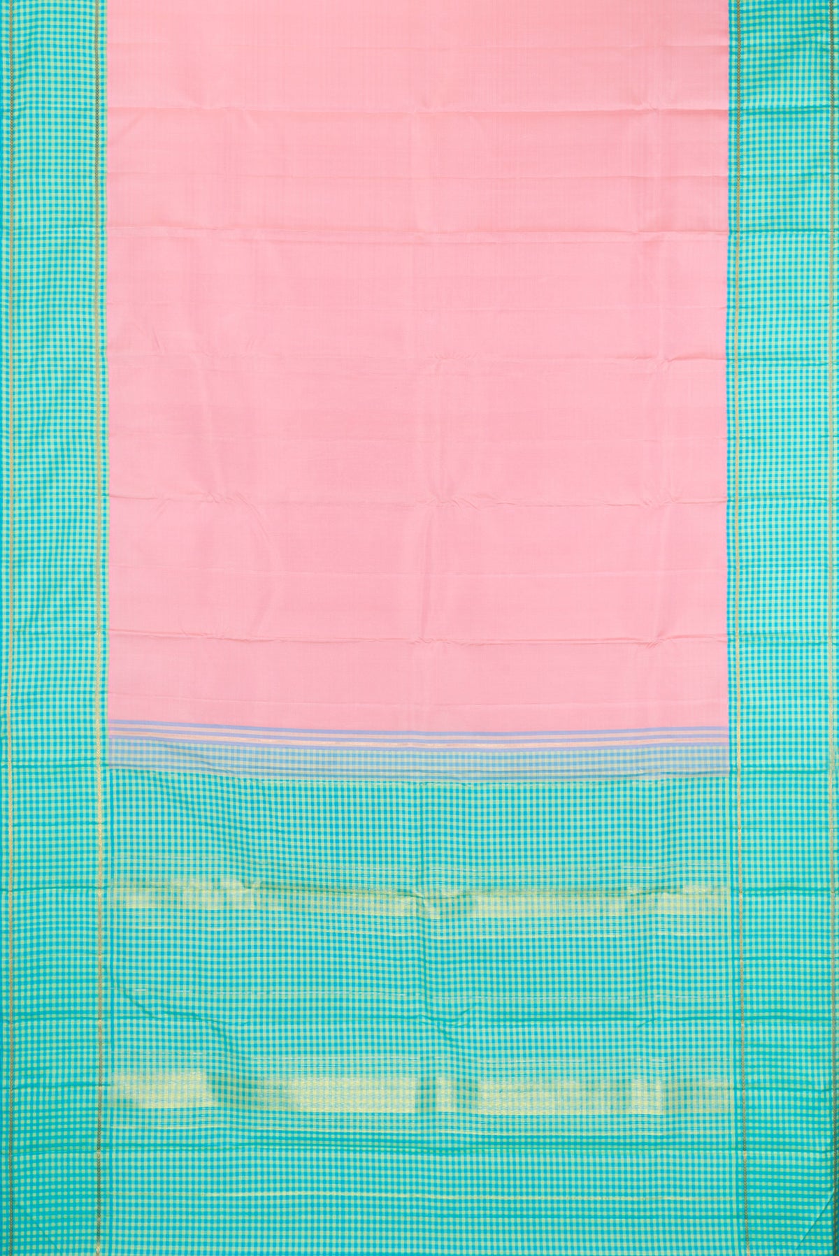 Flat view of Rose pink Kanjivaram Silk Saree with Plain Body and Checks Border. 