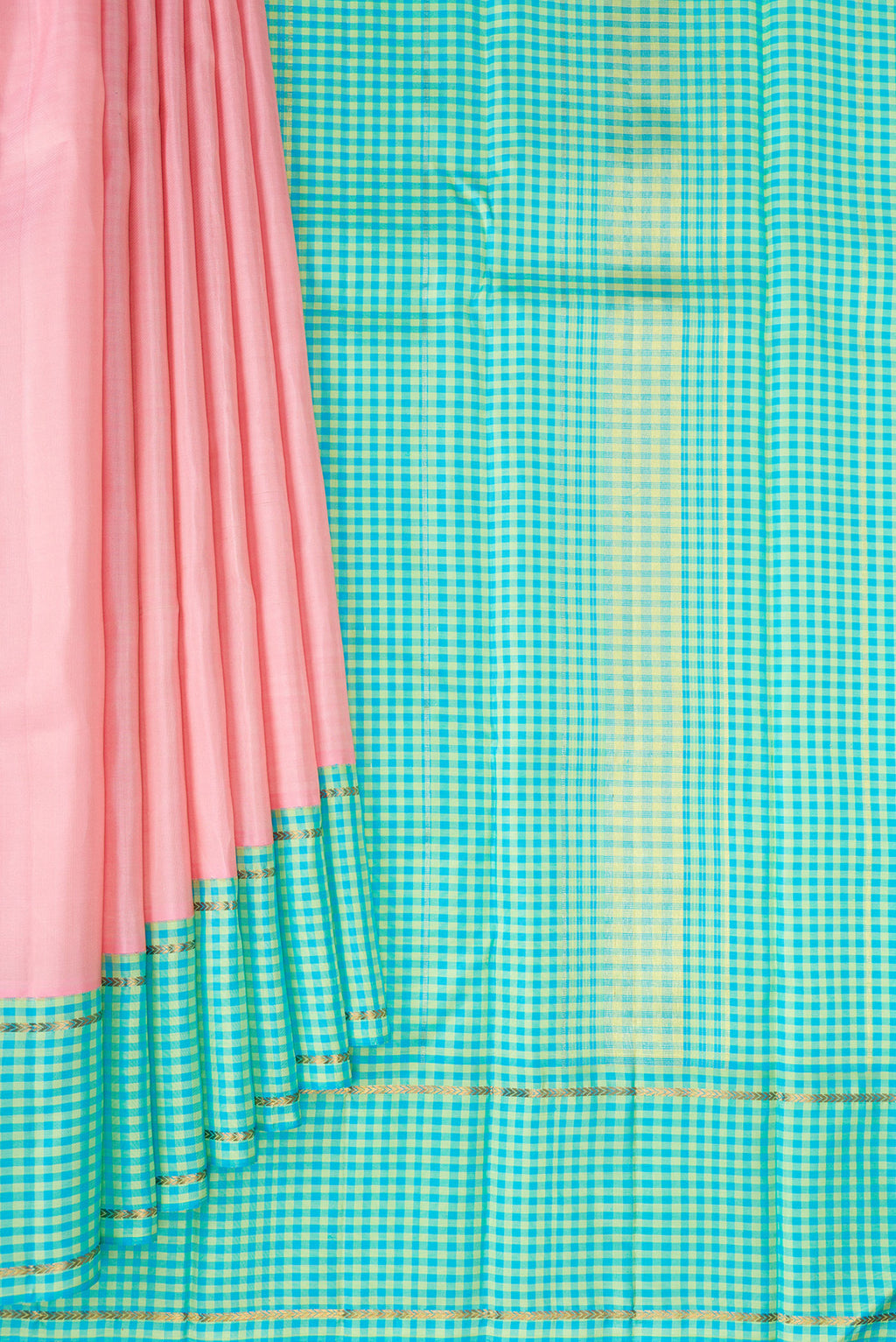 Pleats and pallu of Rose pink Kanjivaram Silk Saree with Plain Body and Checks Border. 