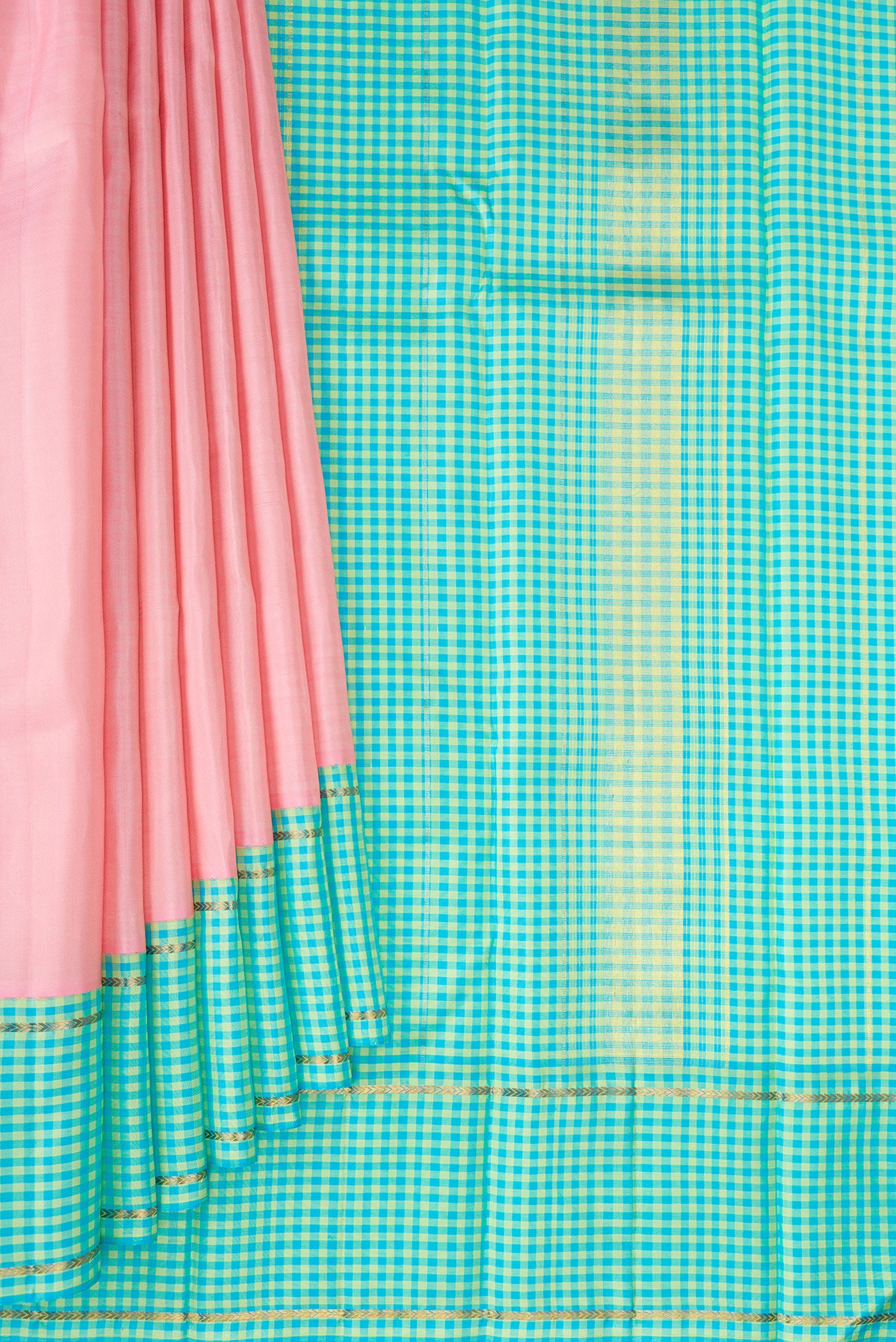Pleats and pallu of Rose pink Kanjivaram Silk Saree with Plain Body and Checks Border. 
