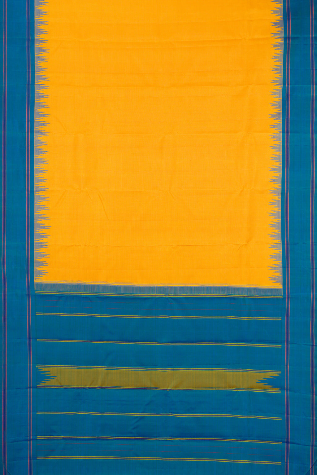 Flat view of Yellow Kanjivaram Silk Saree with Checked design on the body and Temple Thread Border. 