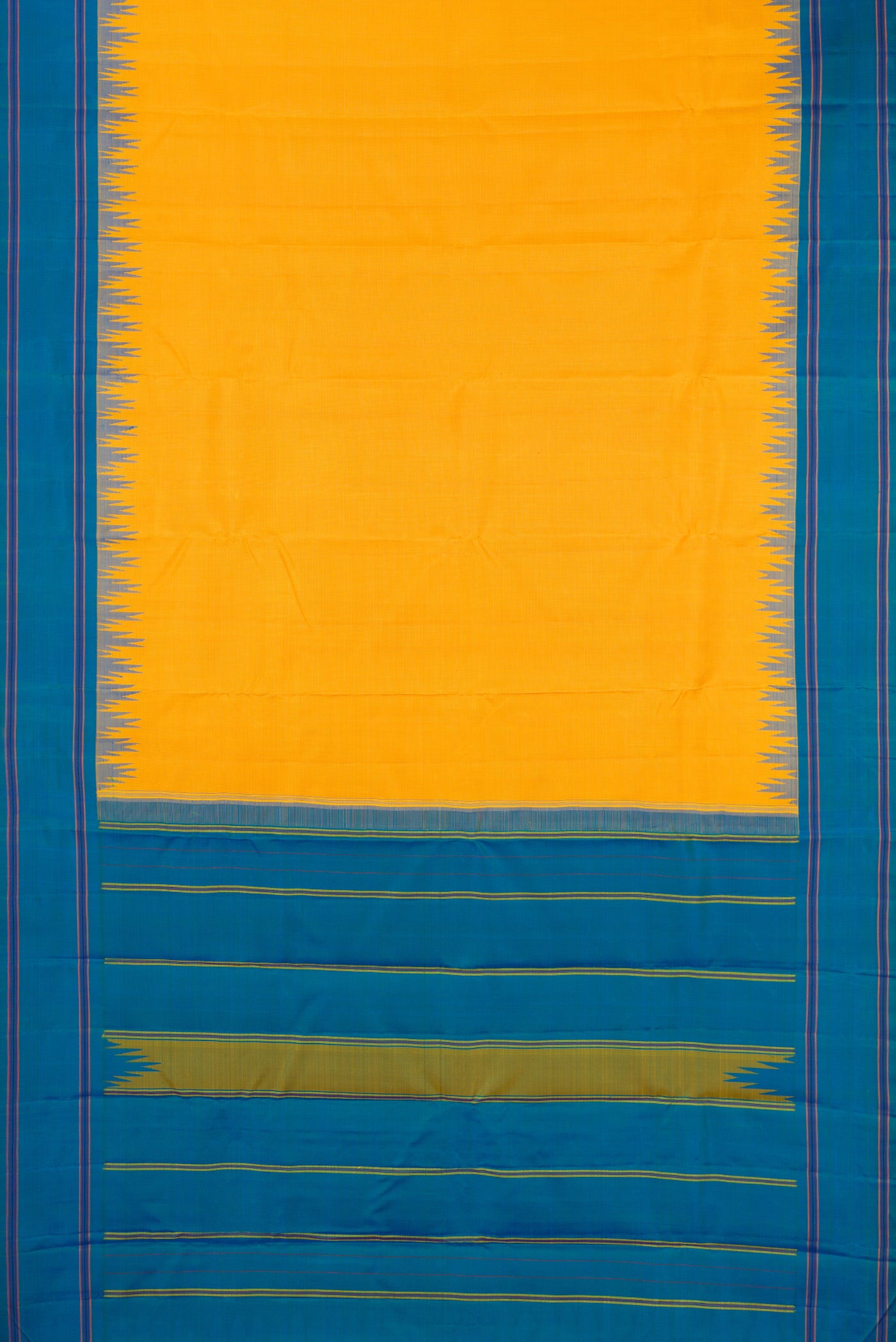 Flat view of Yellow Kanjivaram Silk Saree with Checked design on the body and Temple Thread Border. 