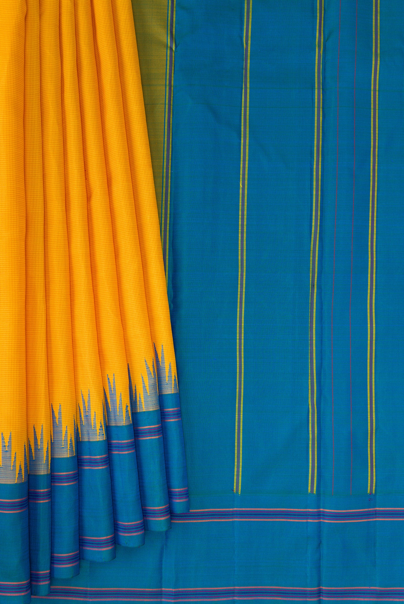 Pleats and pallu of Yellow Kanjivaram Silk Saree with Checked design on the body and Temple Thread Border. 