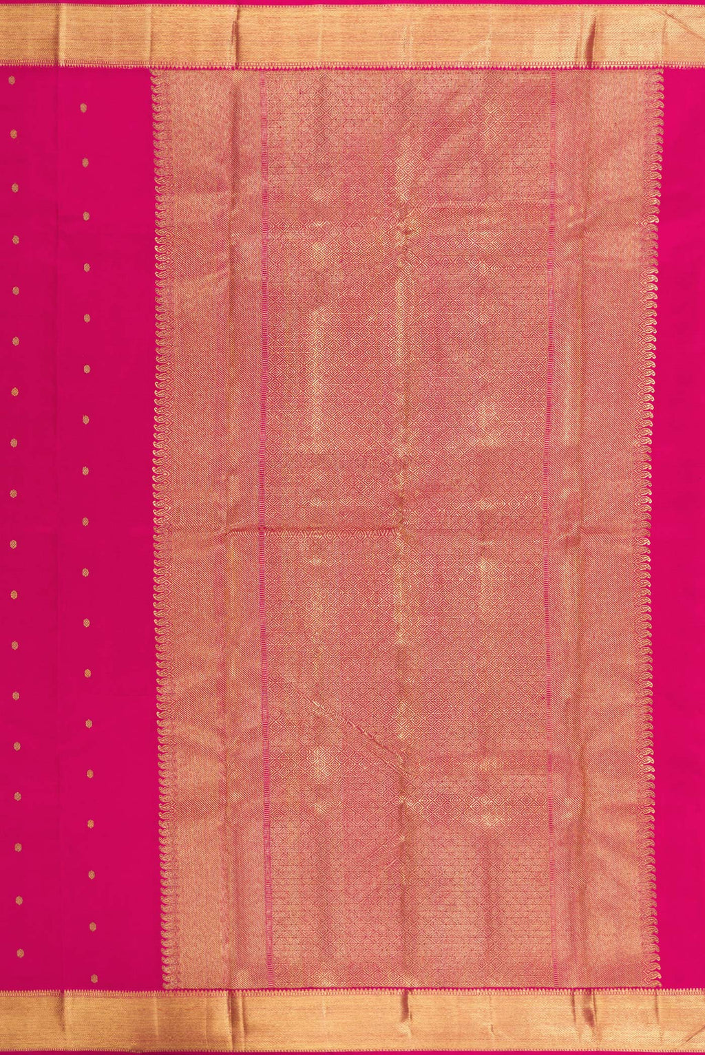 Close up image of the pallu of Pure Silk Pure Zari Dark Pink Kanjivaram Saree with Zari Butta on the body and Zari Border. 