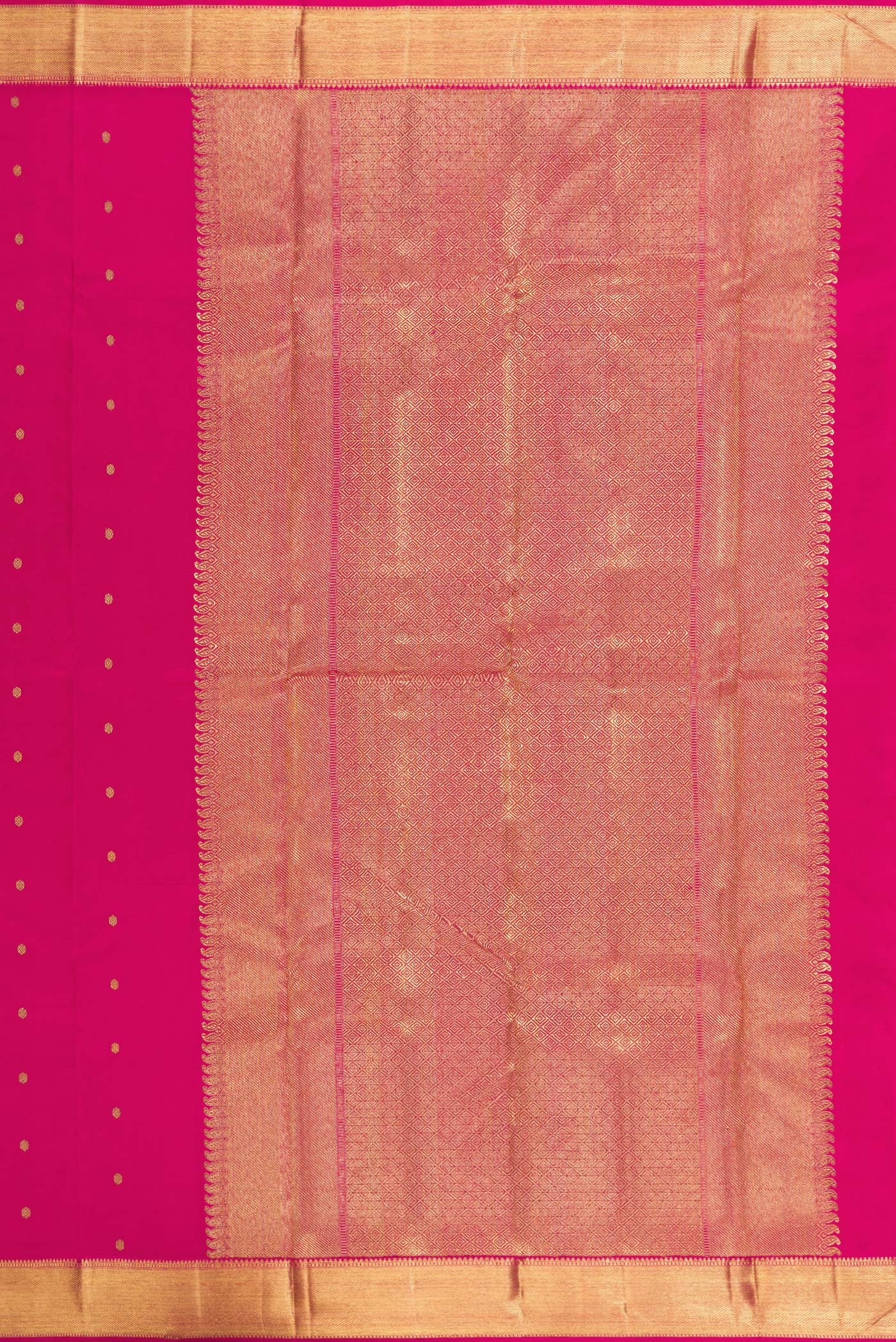 Close up image of the pallu of Pure Silk Pure Zari Dark Pink Kanjivaram Saree with Zari Butta on the body and Zari Border. 