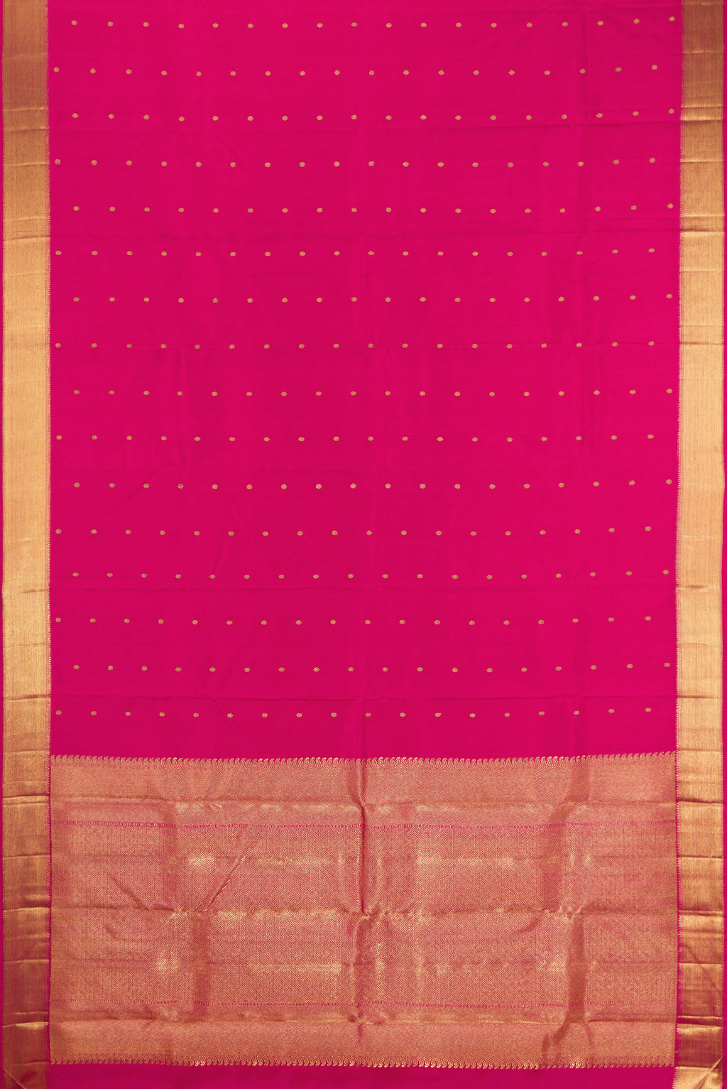 Flat view of Pure Silk Pure Zari Dark Pink Kanjivaram Saree with Zari Butta on the body and Zari Border. 