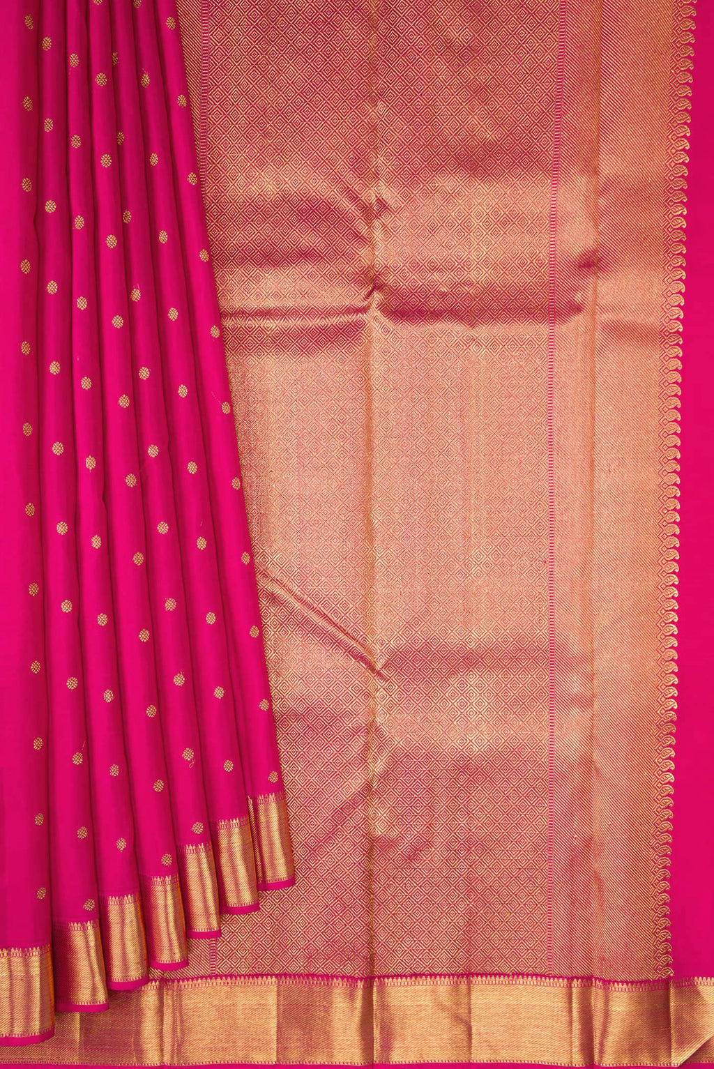 Pleats and pallu of Pure Silk Pure Zari Dark Pink Kanjivaram Saree with Zari Butta on the body and Zari Border. 