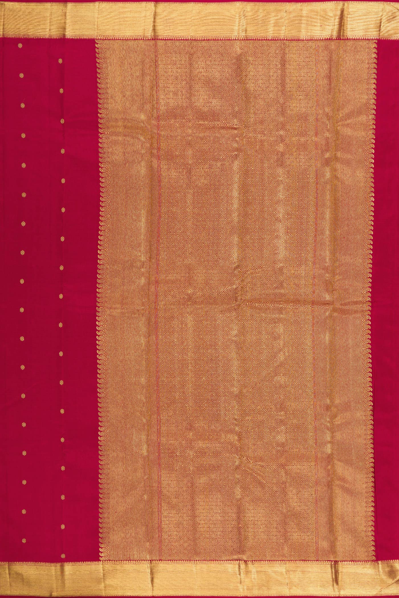 Close up image of the pallu of Pure Silk Pure Zari Maroon Kanjivaram Saree with Zari Butta on the body and Zari Border. 