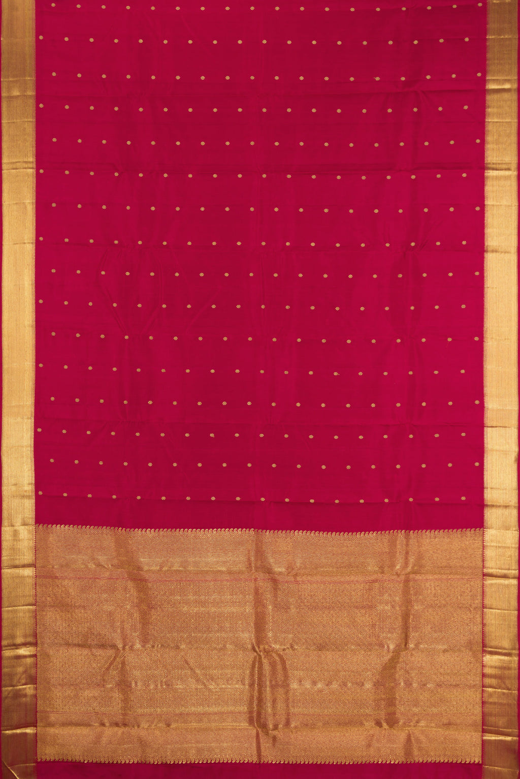 Flat view of Pure Silk Pure Zari Maroon Kanjivaram Saree with Zari Butta on the body and Zari Border. 
