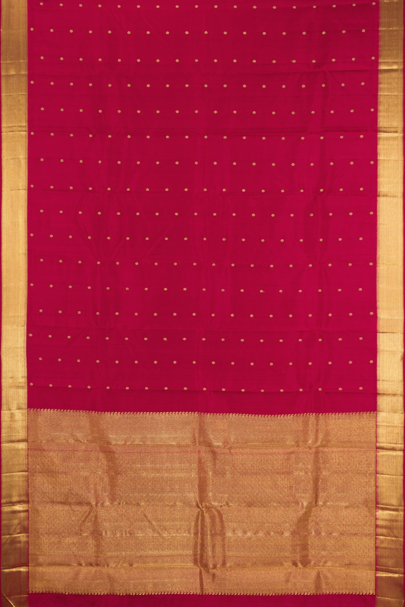 Flat view of Pure Silk Pure Zari Maroon Kanjivaram Saree with Zari Butta on the body and Zari Border. 