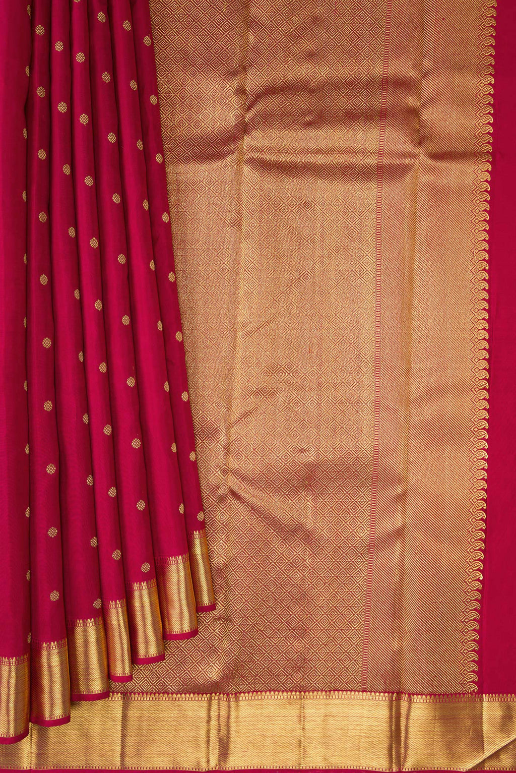 Pleats and pallu of Pure Silk Pure Zari Maroon Kanjivaram Saree with Zari Butta on the body and Zari Border. 