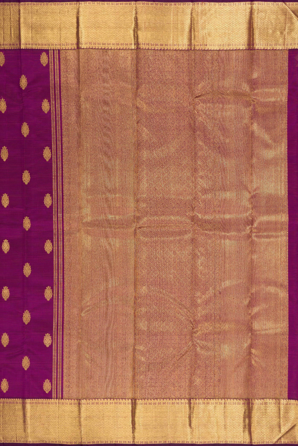 Close up image of the pallu of Pure Silk Pure Zari Purple Kanjivaram Saree with Stripes on the body and Zari Border. 
