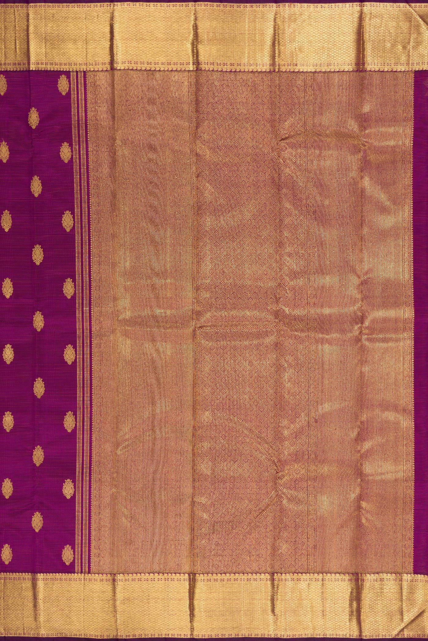 Close up image of the pallu of Pure Silk Pure Zari Purple Kanjivaram Saree with Stripes on the body and Zari Border. 