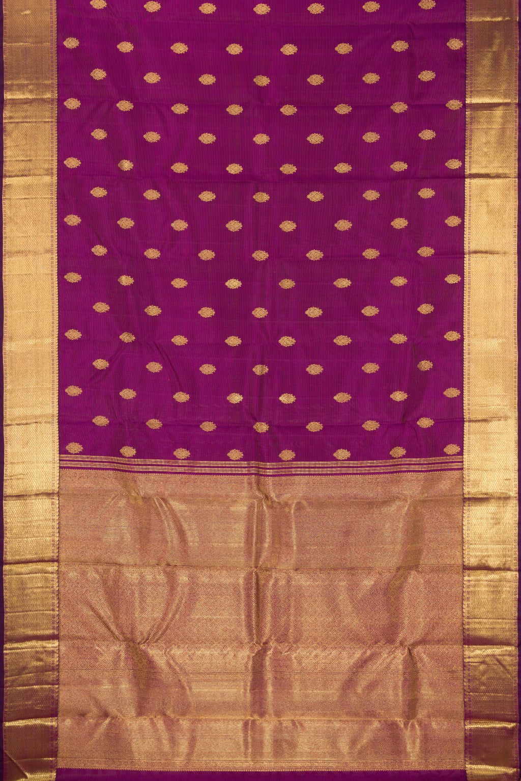 Flat view of Pure Silk Pure Zari Purple Kanjivaram Saree with Stripes on the body and Zari Border. 
