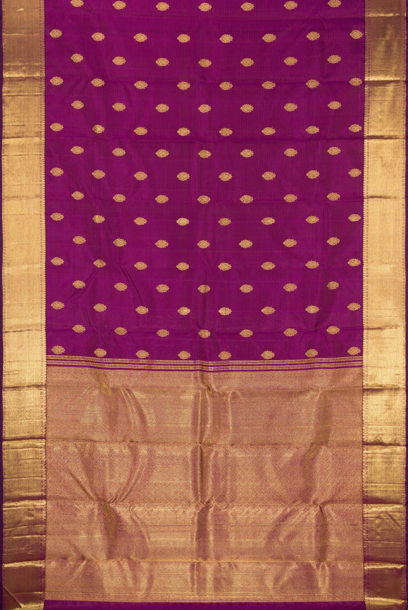 Flat view of Pure Silk Pure Zari Purple Kanjivaram Saree with Stripes on the body and Zari Border. 