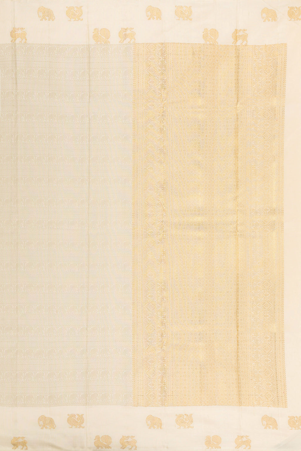 Close up image of the pallu of Pure Silk Pure Zari Cream Kanjivaram Saree with Jacquard design on the body and Fancy Border. 