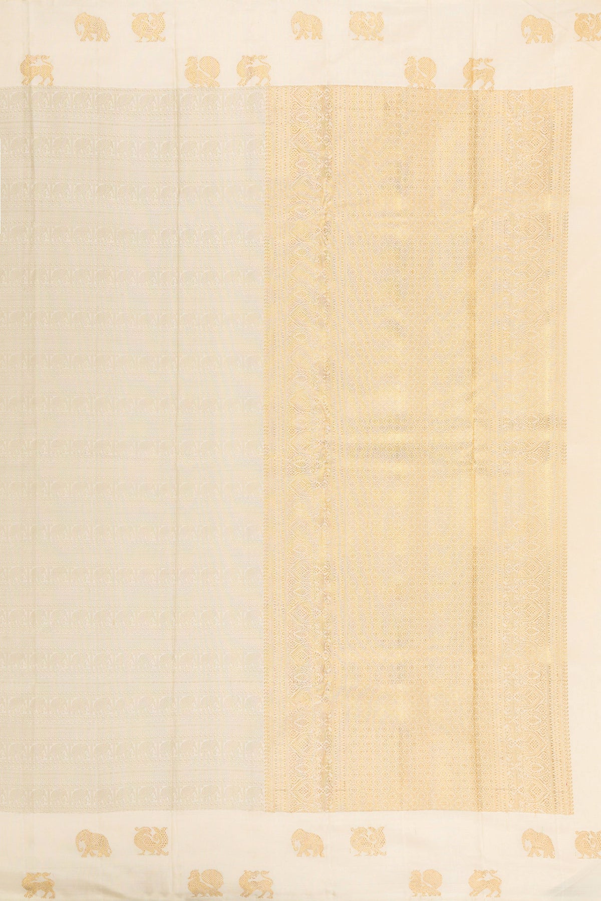 Close up image of the pallu of Pure Silk Pure Zari Cream Kanjivaram Saree with Jacquard design on the body and Fancy Border. 