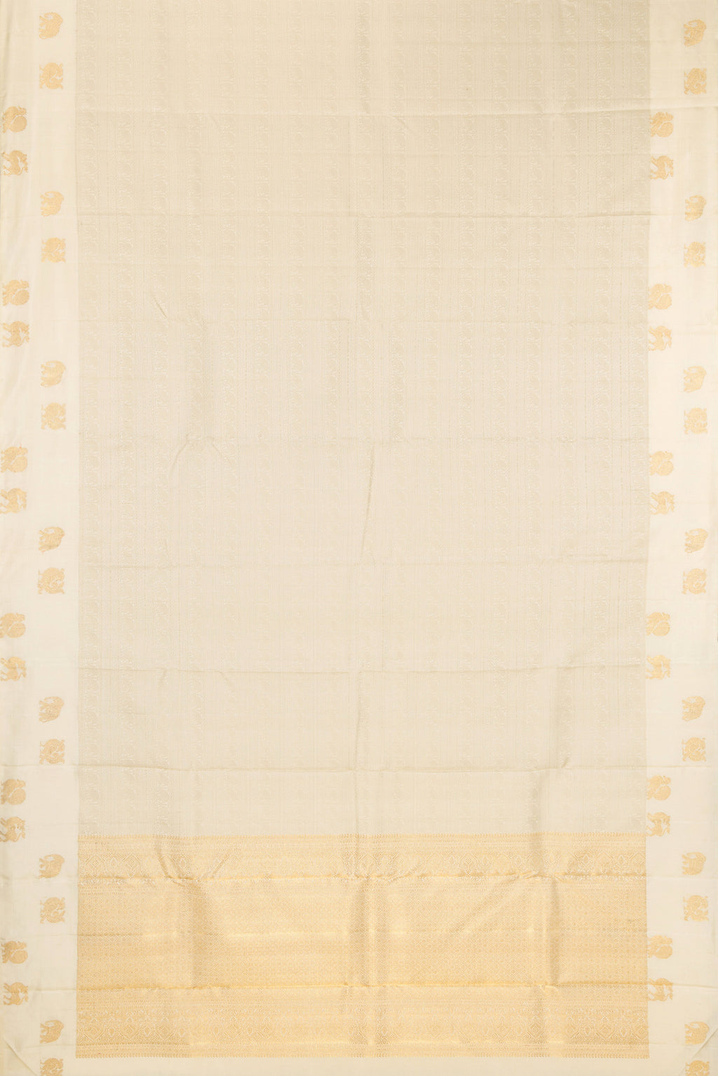 Flat view of Pure Silk Pure Zari Cream Kanjivaram Saree with Jacquard design on the body and Fancy Border. 