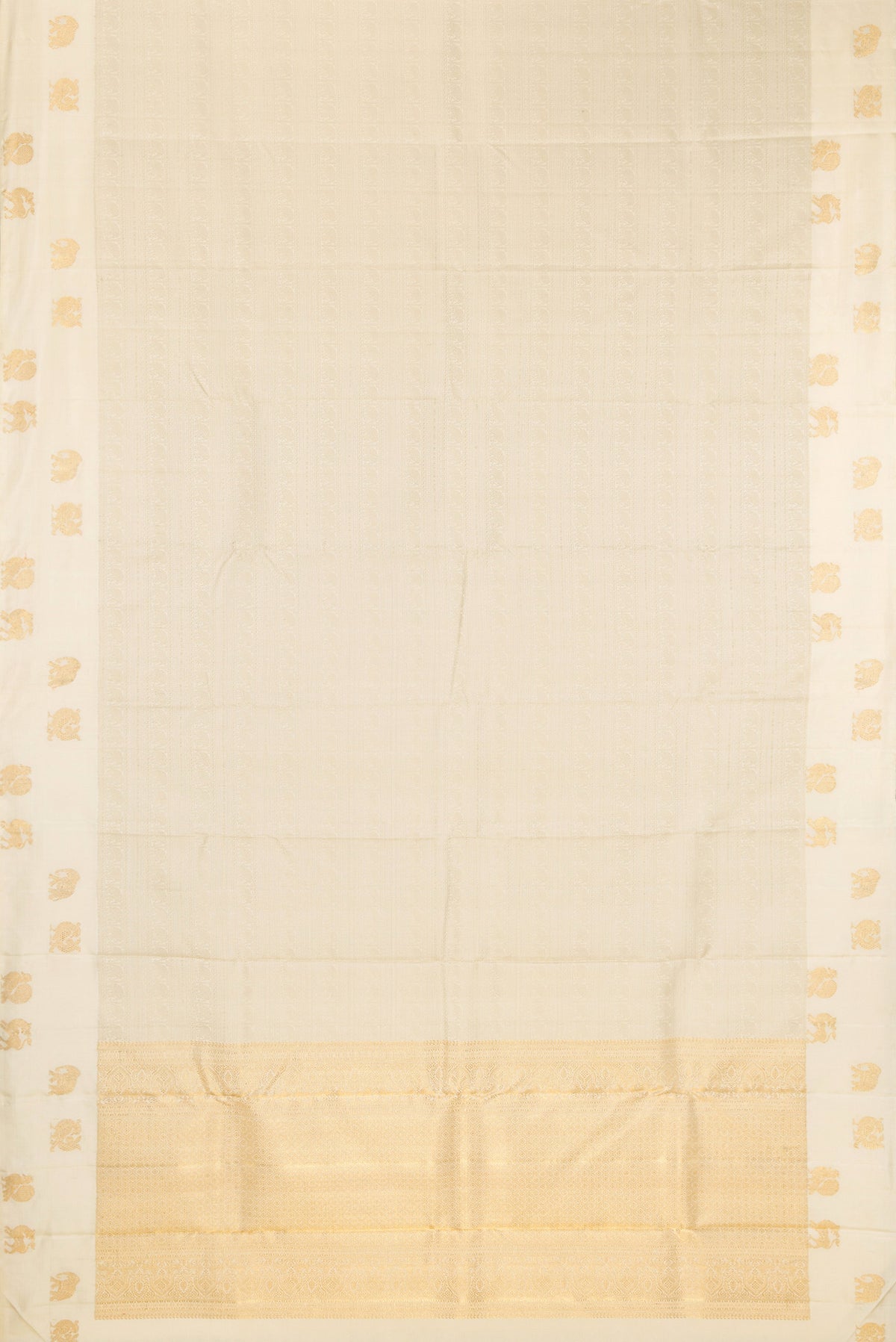 Flat view of Pure Silk Pure Zari Cream Kanjivaram Saree with Jacquard design on the body and Fancy Border. 