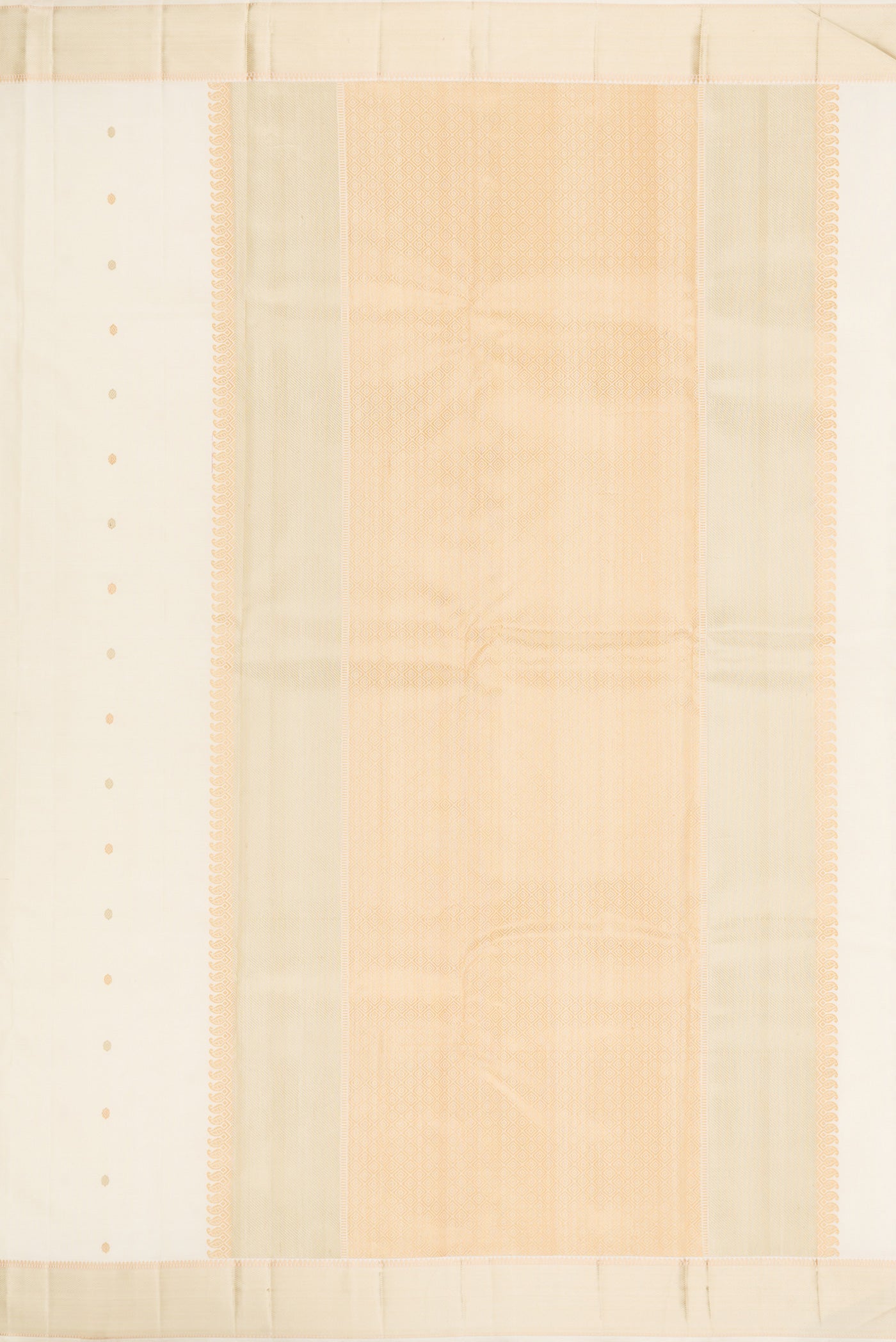 Close up image of the pallu of Off White Kanjivaram Silk Saree with Thread Butta on the body and Thread Border. 