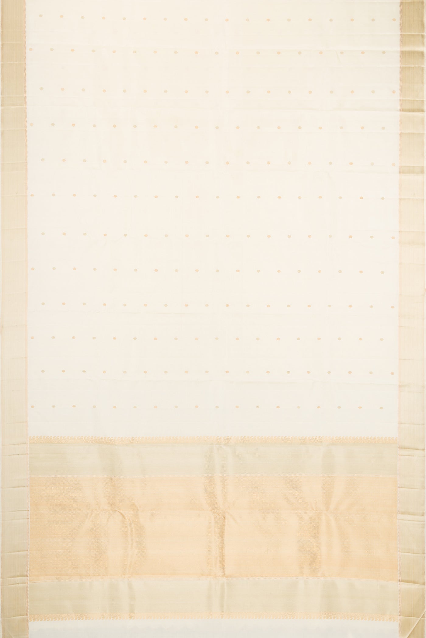 Flat view of Off White Kanjivaram Silk Saree with Thread Butta on the body and Thread Border. 