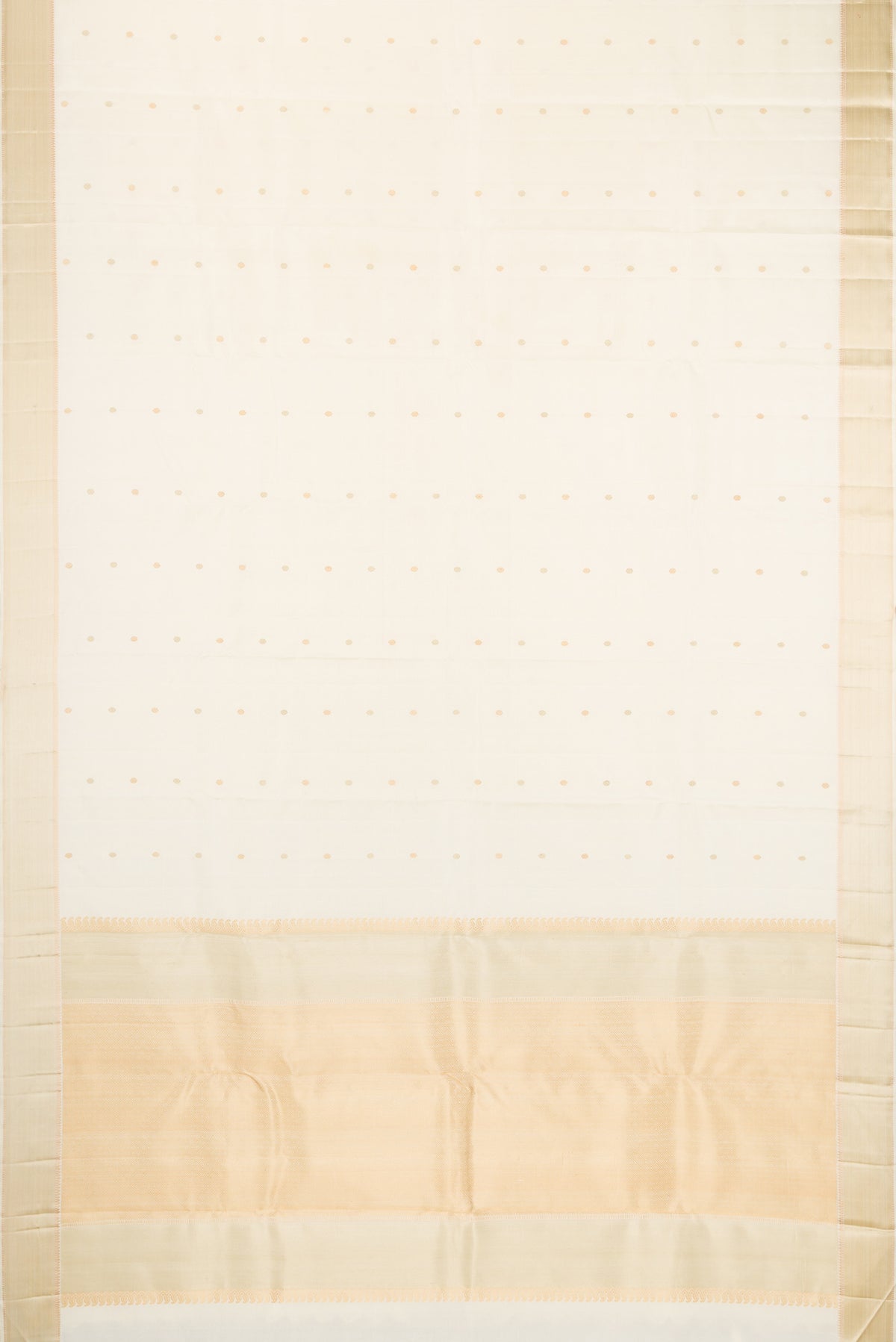 Flat view of Off White Kanjivaram Silk Saree with Thread Butta on the body and Thread Border. 
