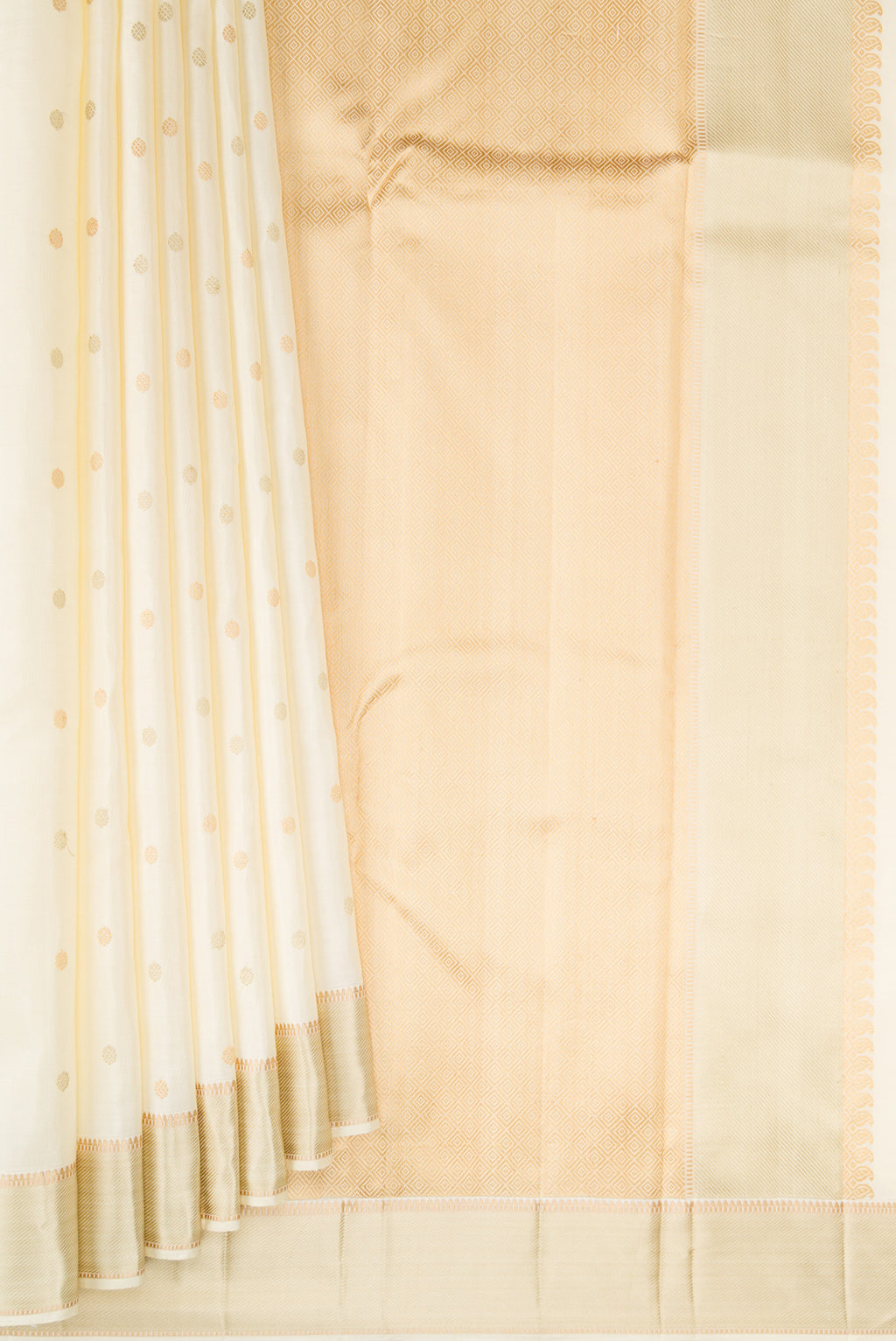 Pleats and pallu of Off White Kanjivaram Silk Saree with Thread Butta on the body and Thread Border. 