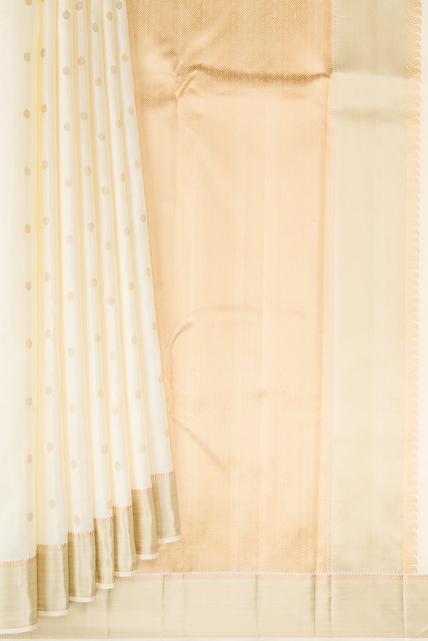 Pleats and pallu of Off White Kanjivaram Silk Saree with Thread Butta on the body and Thread Border. 
