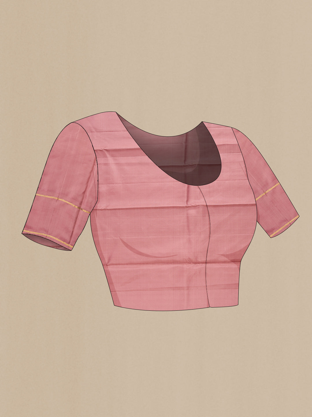 Close up image of the blouse of Peach Kanjivaram Silk Saree with Zari Butta on the body and Plain Border. 