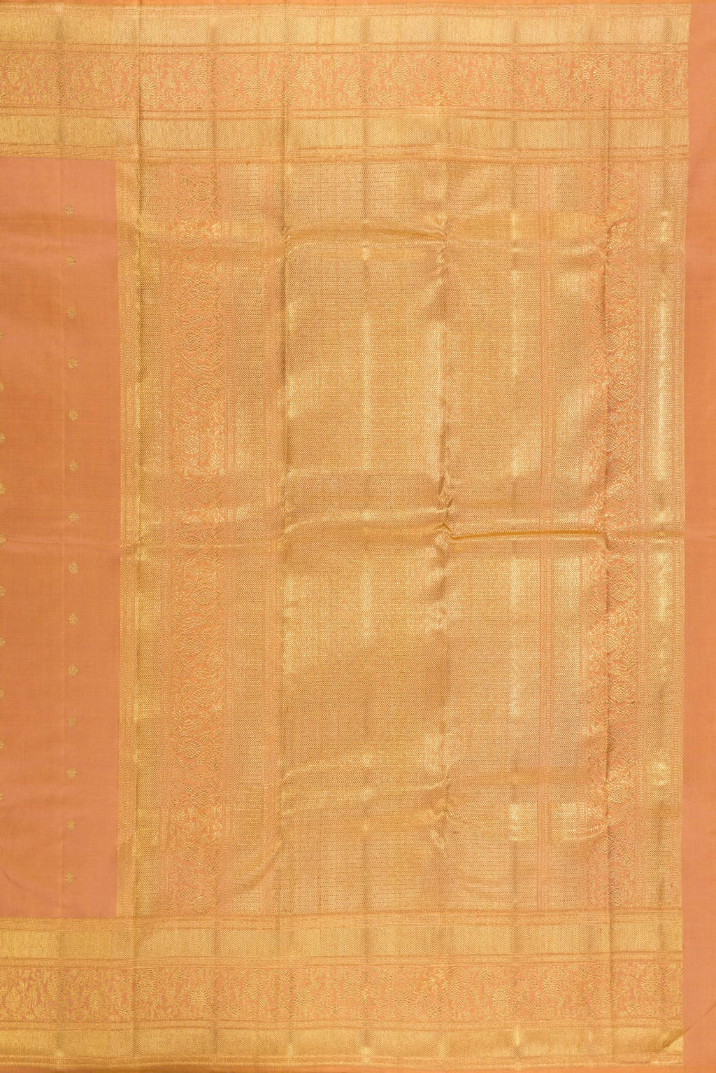 Close up image of the pallu of Pure Silk Pure Zari Golden Peach Kanjivaram Saree with Zari Butta on the body and Fancy Border. 