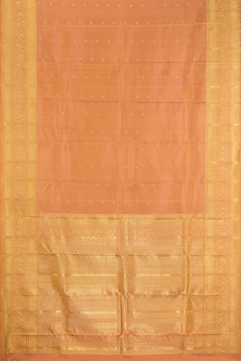 Flat view of Pure Silk Pure Zari Golden Peach Kanjivaram Saree with Zari Butta on the body and Fancy Border. 