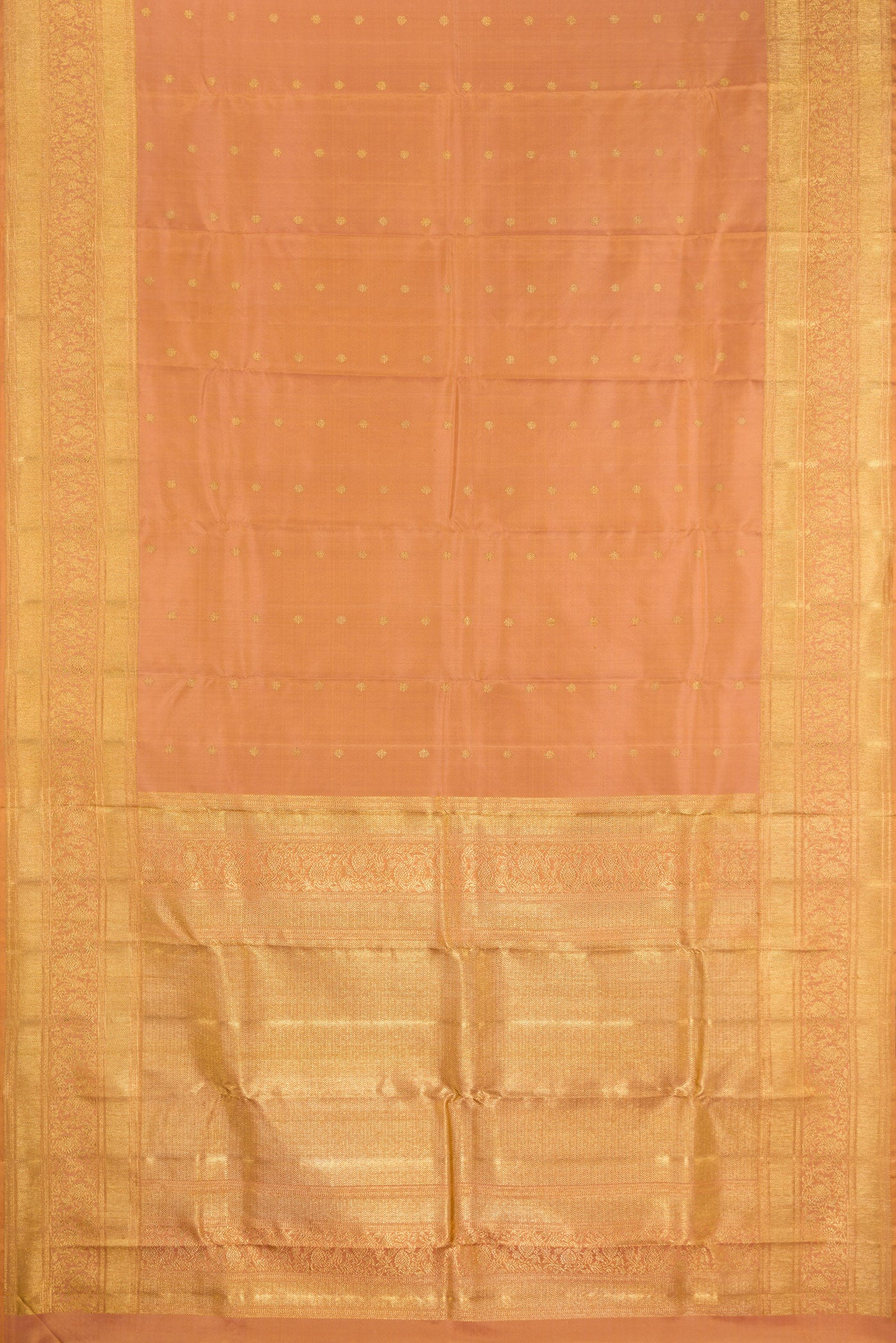 Flat view of Pure Silk Pure Zari Golden Peach Kanjivaram Saree with Zari Butta on the body and Fancy Border. 