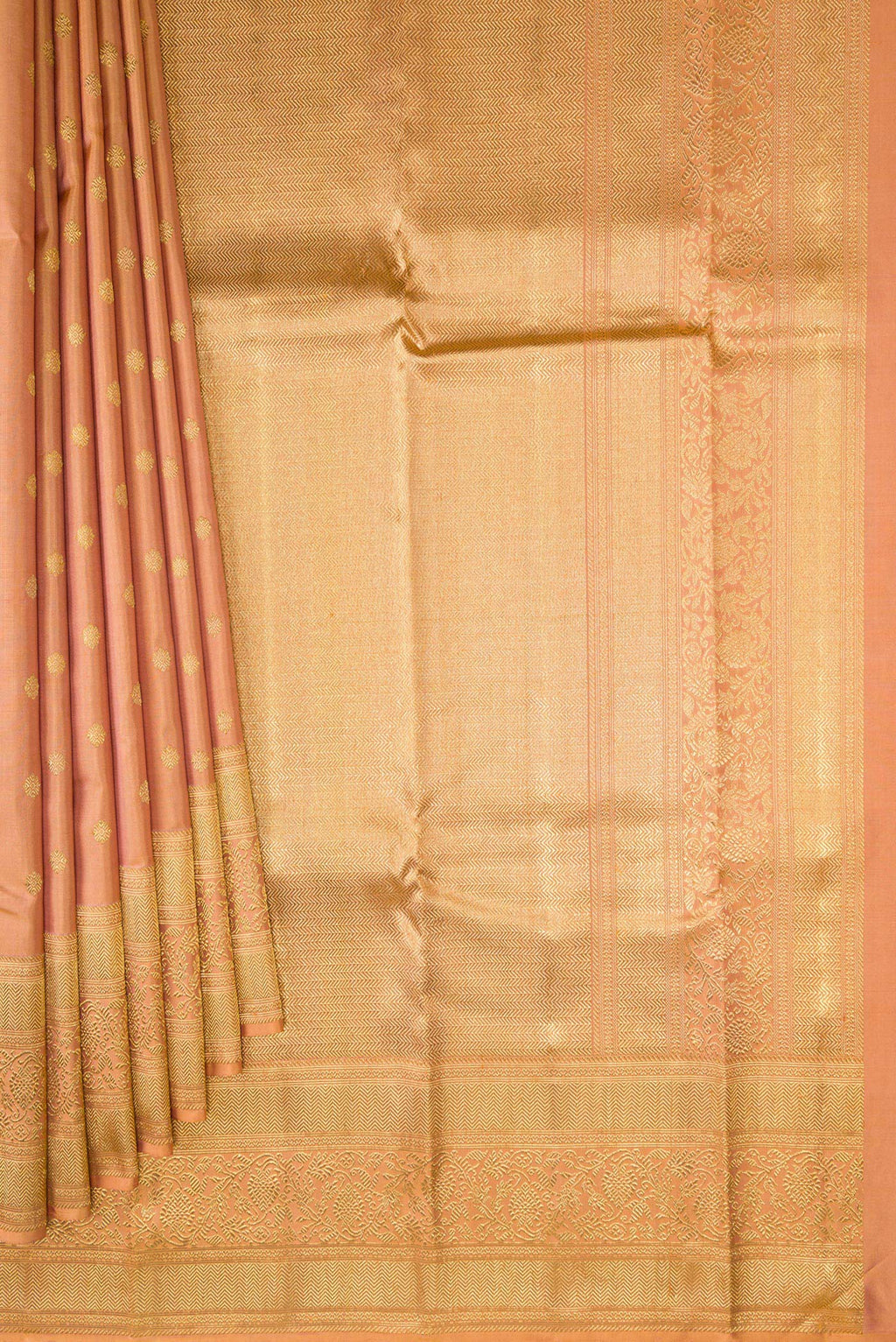 Pleats and pallu of Pure Silk Pure Zari Golden Peach Kanjivaram Saree with Zari Butta on the body and Fancy Border. 
