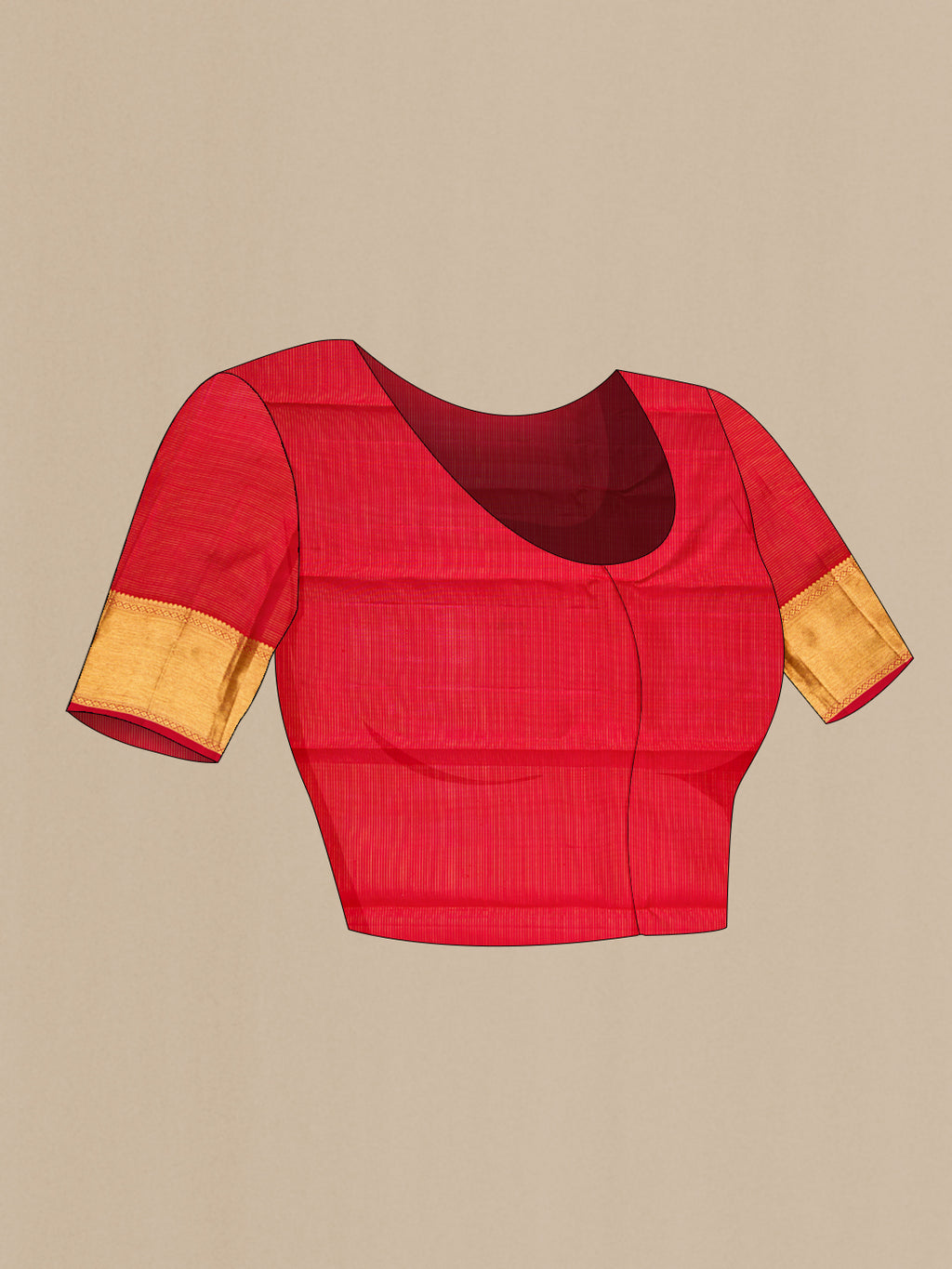 Close up image of the blouse of Pure Silk Pure Zari Deep Red Kanjivaram Saree with Stripes on the body and Zari Border. 