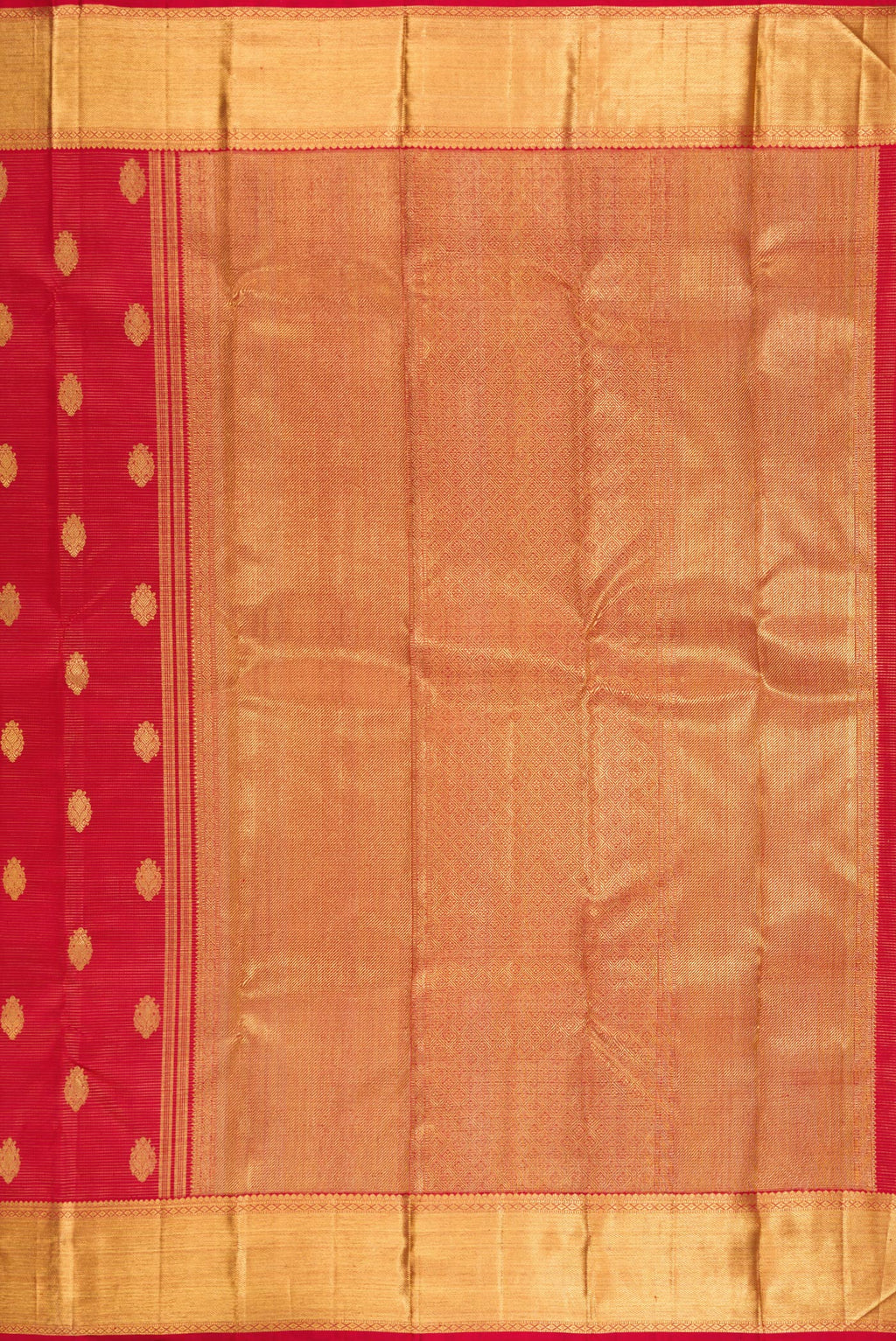 Close up image of the pallu of Pure Silk Pure Zari Deep Red Kanjivaram Saree with Stripes on the body and Zari Border. 