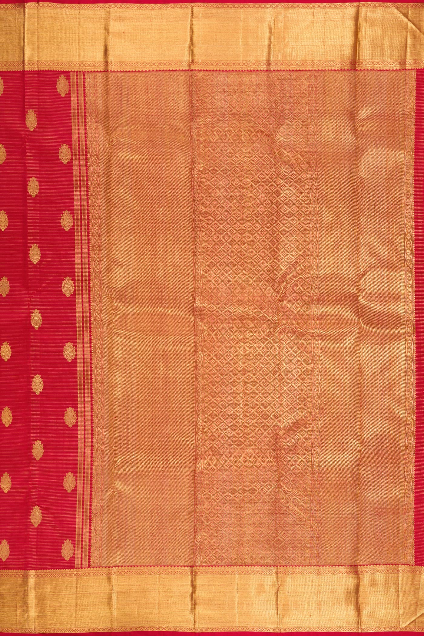 Close up image of the pallu of Pure Silk Pure Zari Deep Red Kanjivaram Saree with Stripes on the body and Zari Border. 