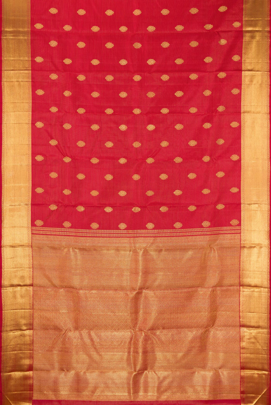 Flat view of Pure Silk Pure Zari Deep Red Kanjivaram Saree with Stripes on the body and Zari Border. 