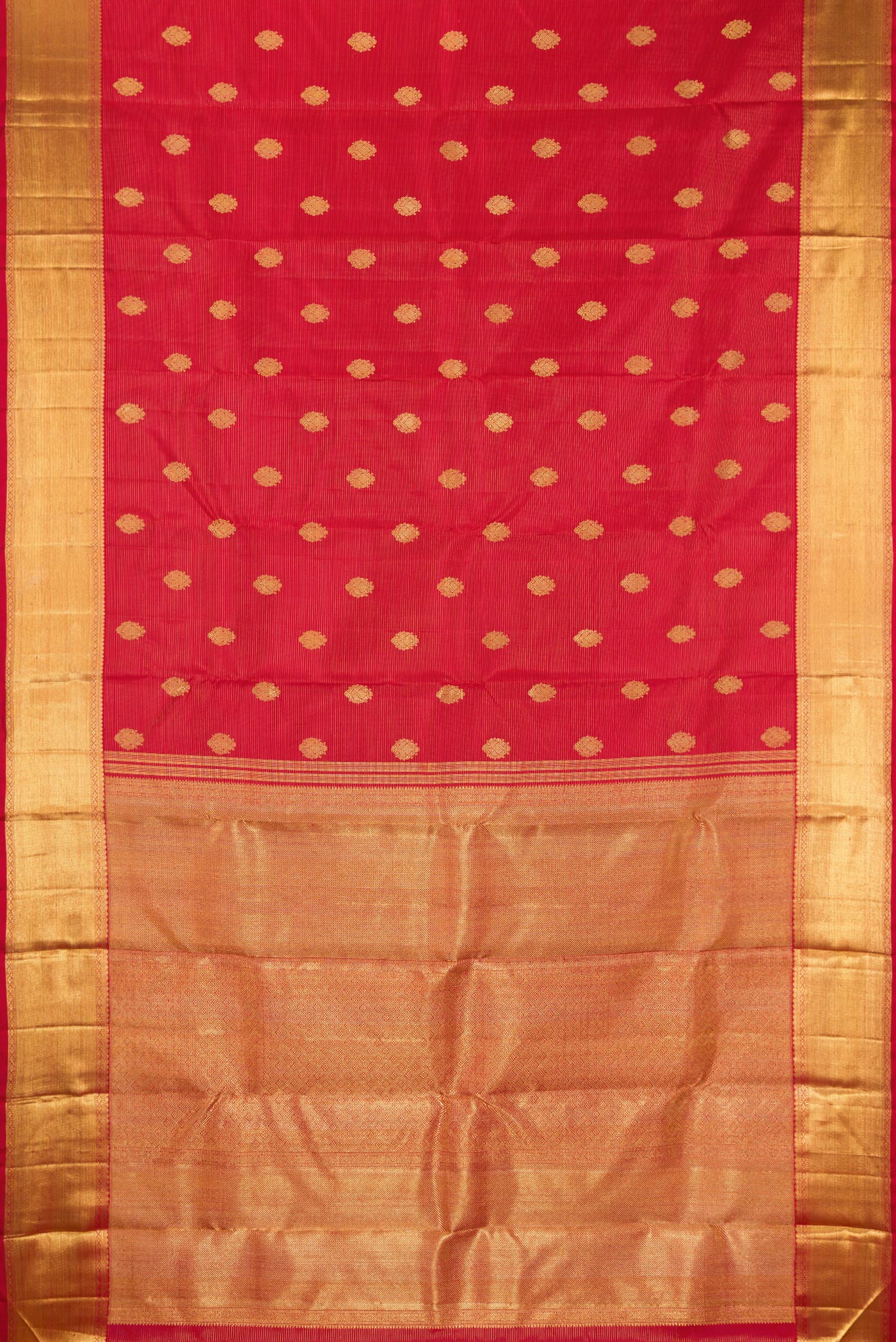 Flat view of Pure Silk Pure Zari Deep Red Kanjivaram Saree with Stripes on the body and Zari Border. 