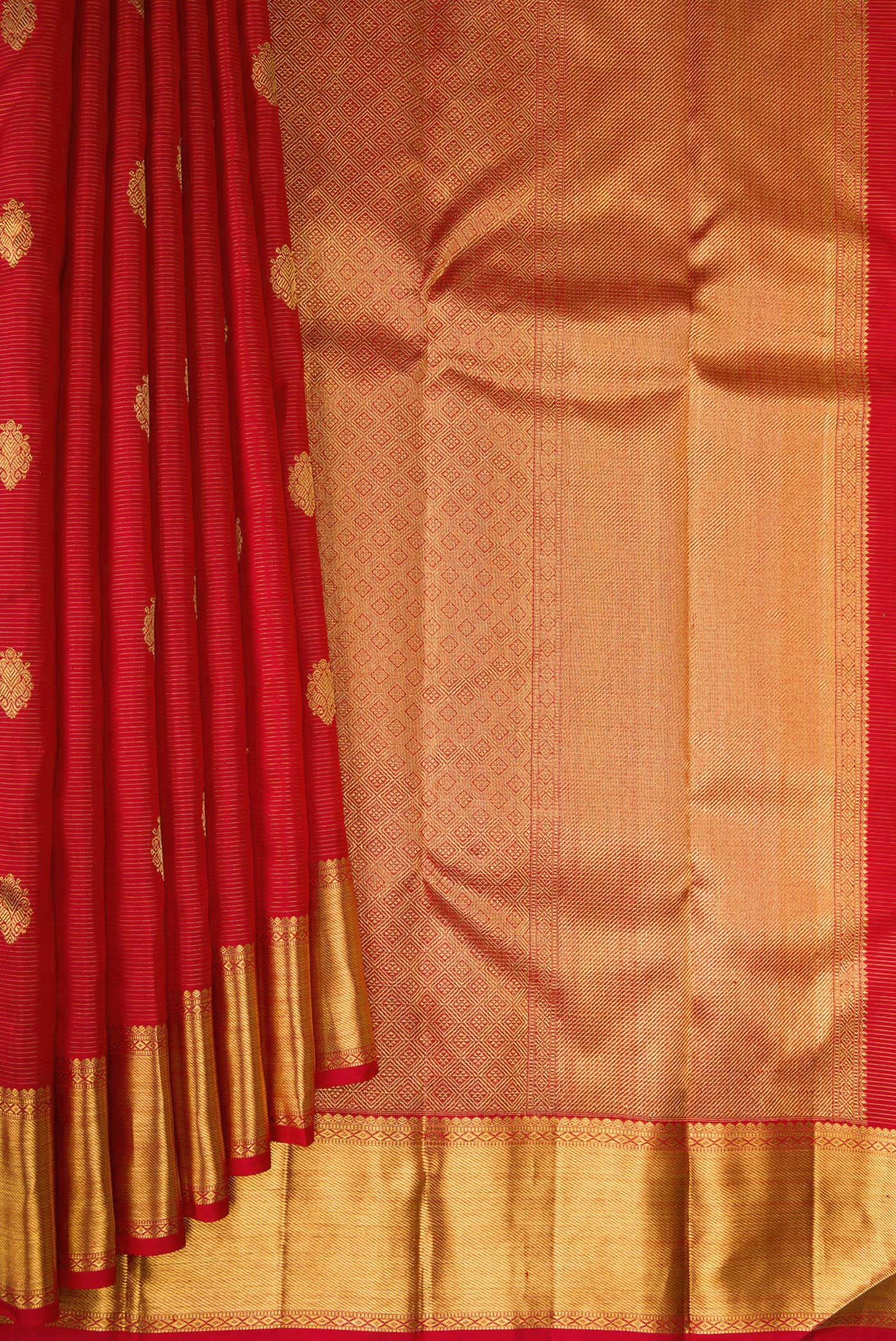 Pleats and pallu of Pure Silk Pure Zari Deep Red Kanjivaram Saree with Stripes on the body and Zari Border. 