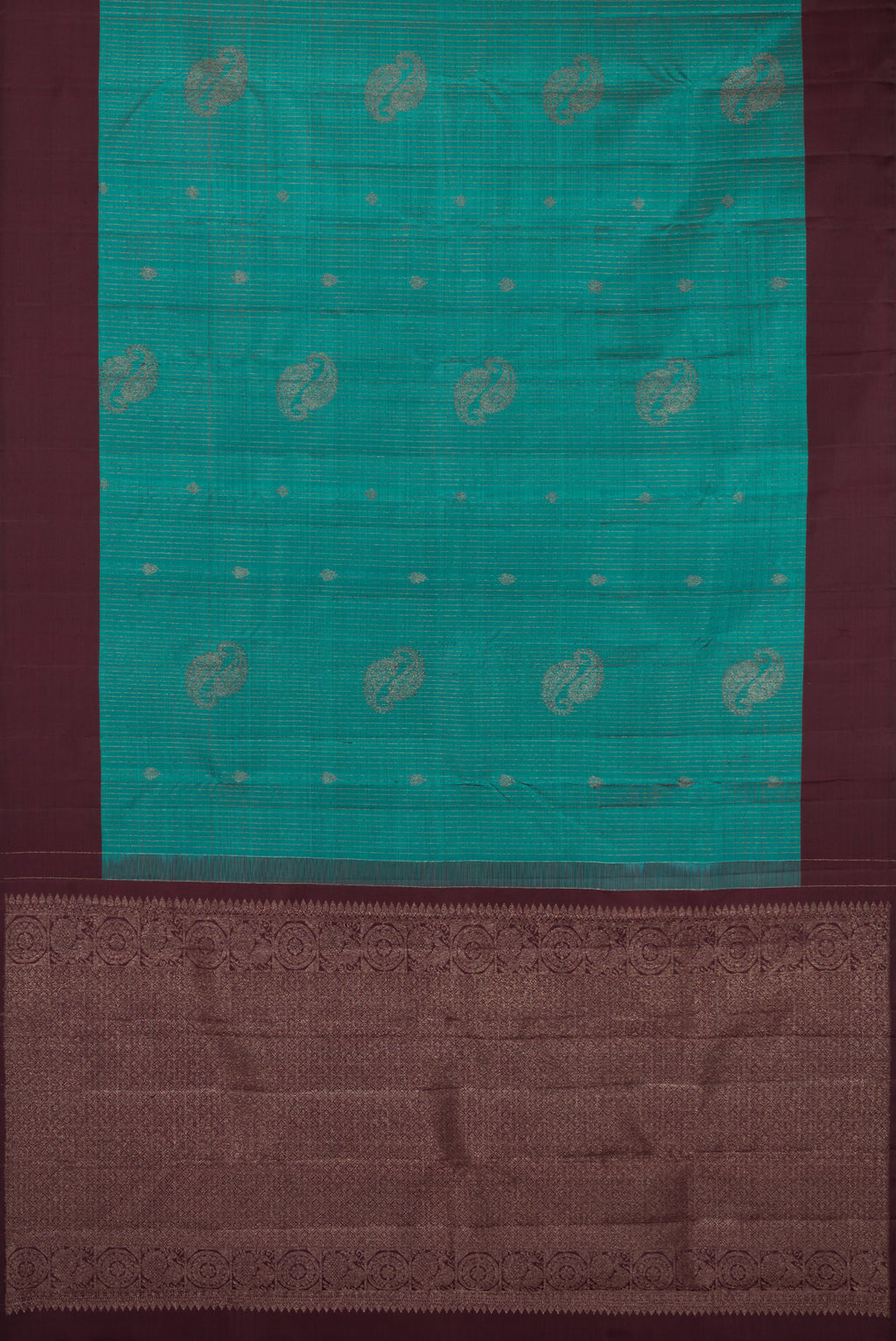 Flat view of Teal Kanjivaram Silk Saree with Stripes on the body and Plain Border. 