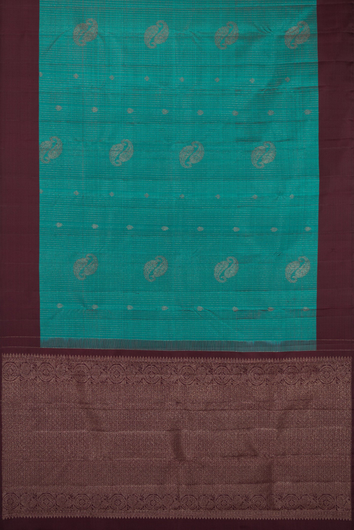 Flat view of Teal Kanjivaram Silk Saree with Stripes on the body and Plain Border. 