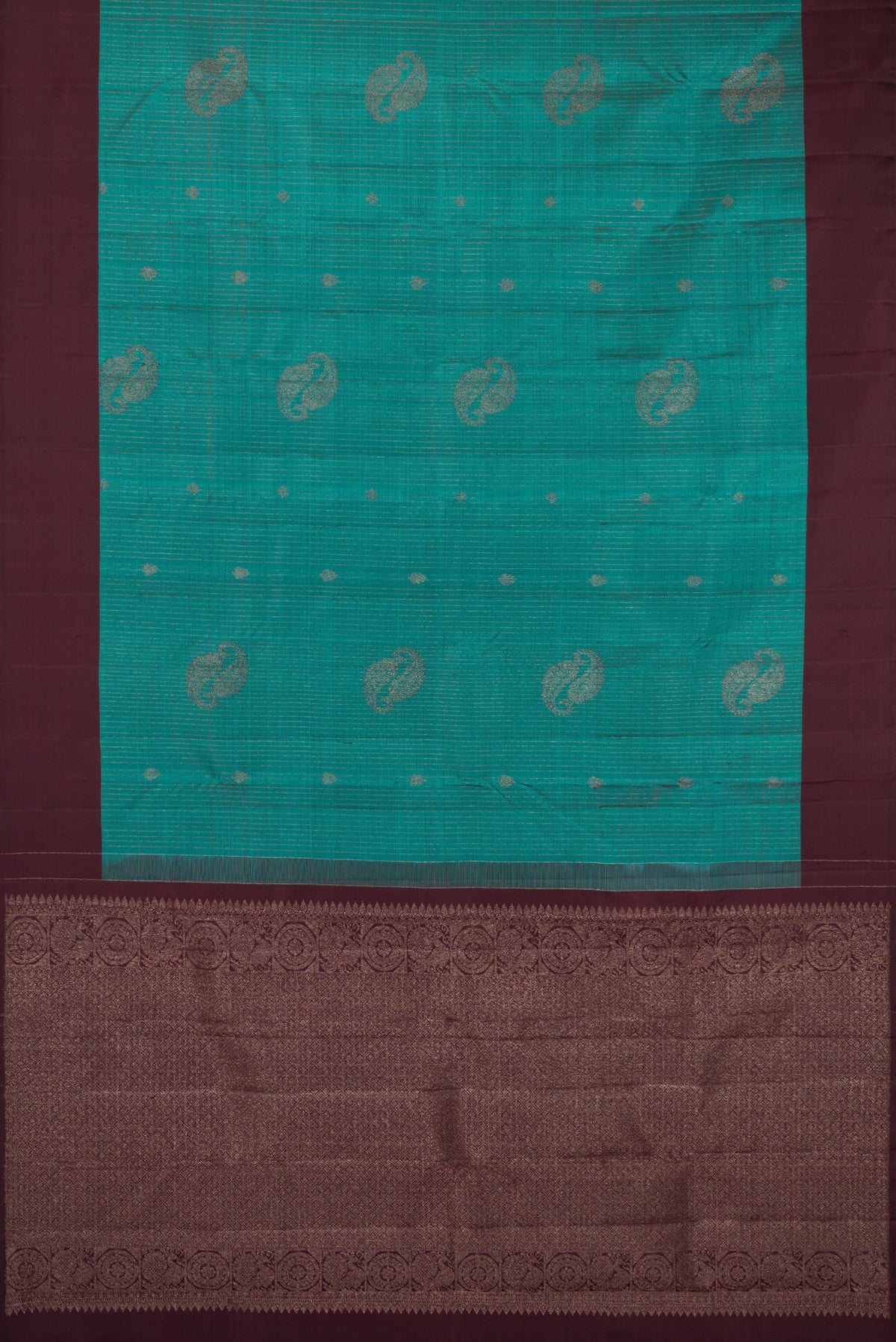 Flat view of Teal Kanjivaram Silk Saree with Stripes on the body and Plain Border. 