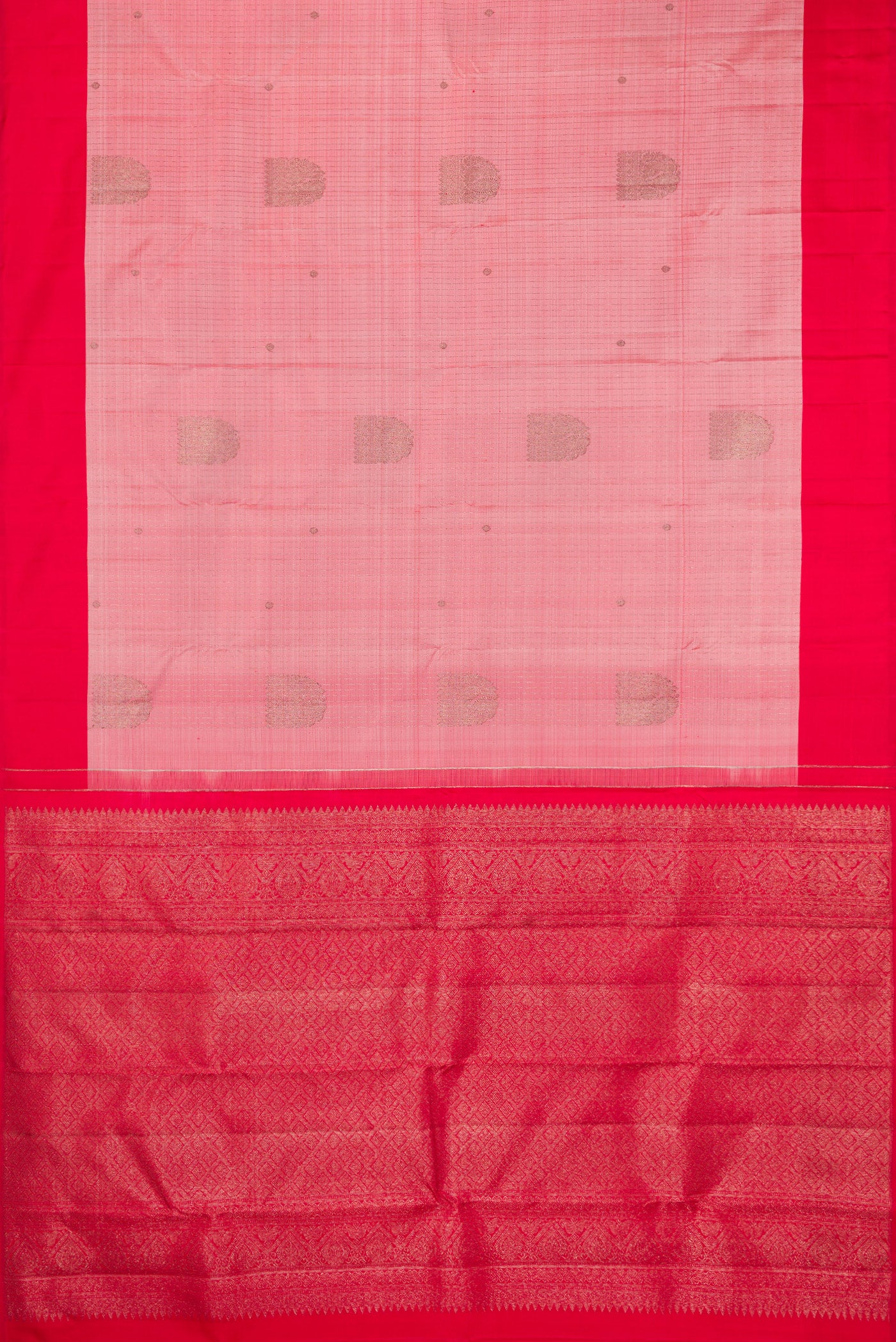 Flat view of Pink Kanjivaram Silk Saree with Stripes on the body and Plain Border. 
